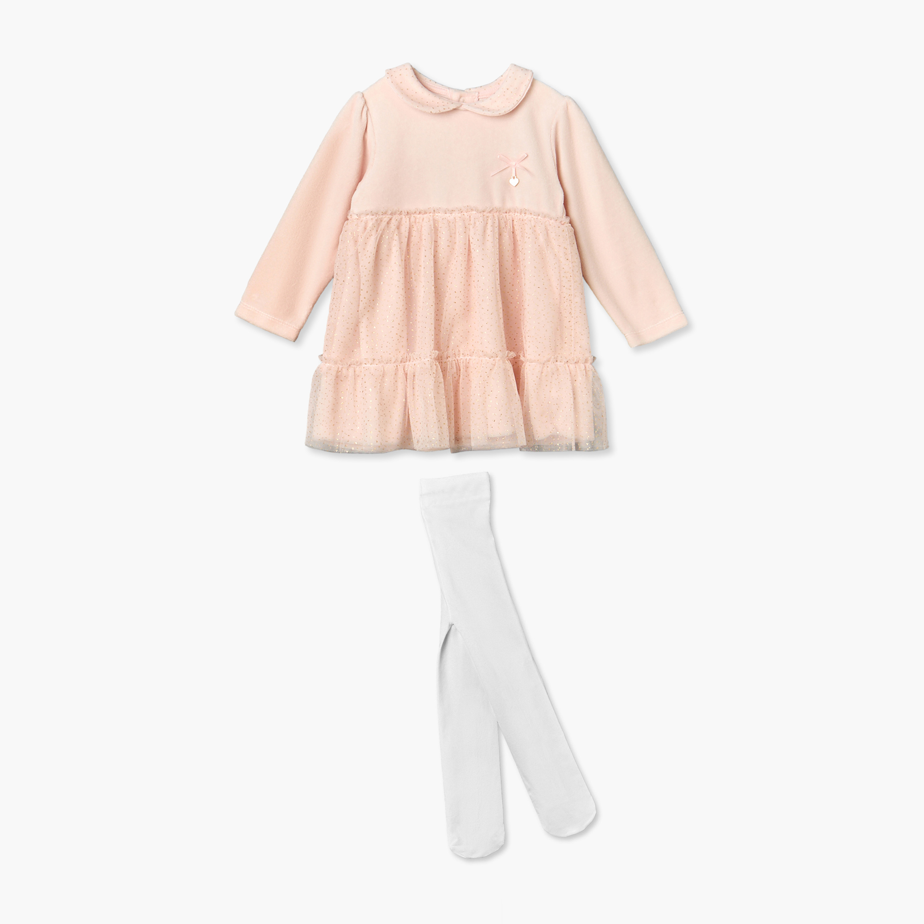 Giggles Peter Pan Collar Long Sleeves Knee Length Dress and Tights with Snap Button Closure-baby-girls-clothing-setsandcoords-image-1