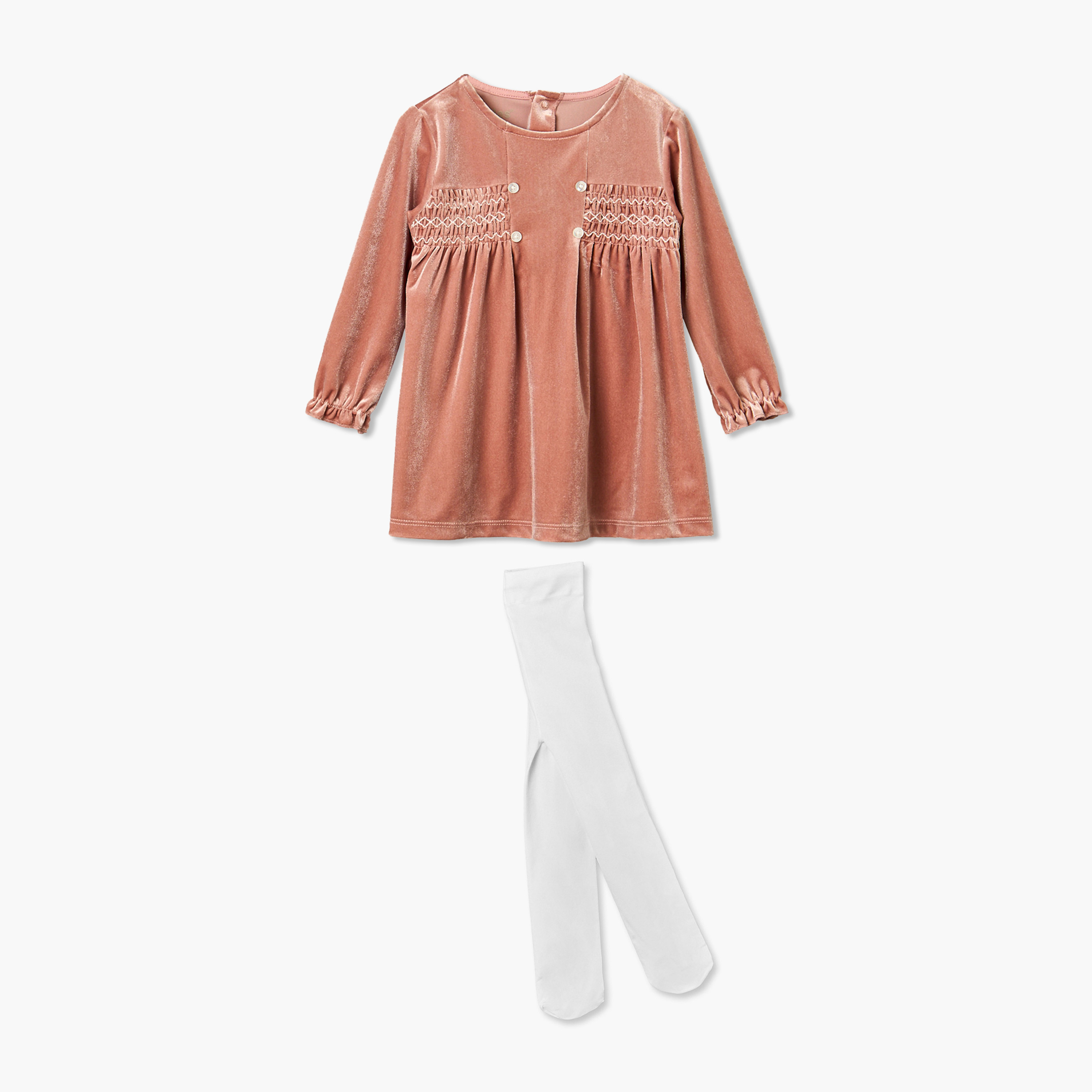 Giggles Round Neck Long Sleeves Knee Length Dress and Tights with Smocked Panel-baby-girls-clothing-setsandcoords-image-1