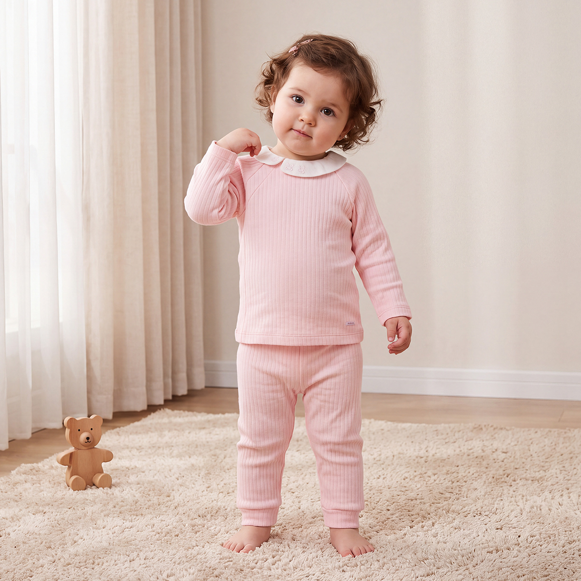 Giggles Collared Long Sleeves Pyjama Set with Ribbed Texture-baby-girls-clothing-nightwear-pyjamasets-image-1