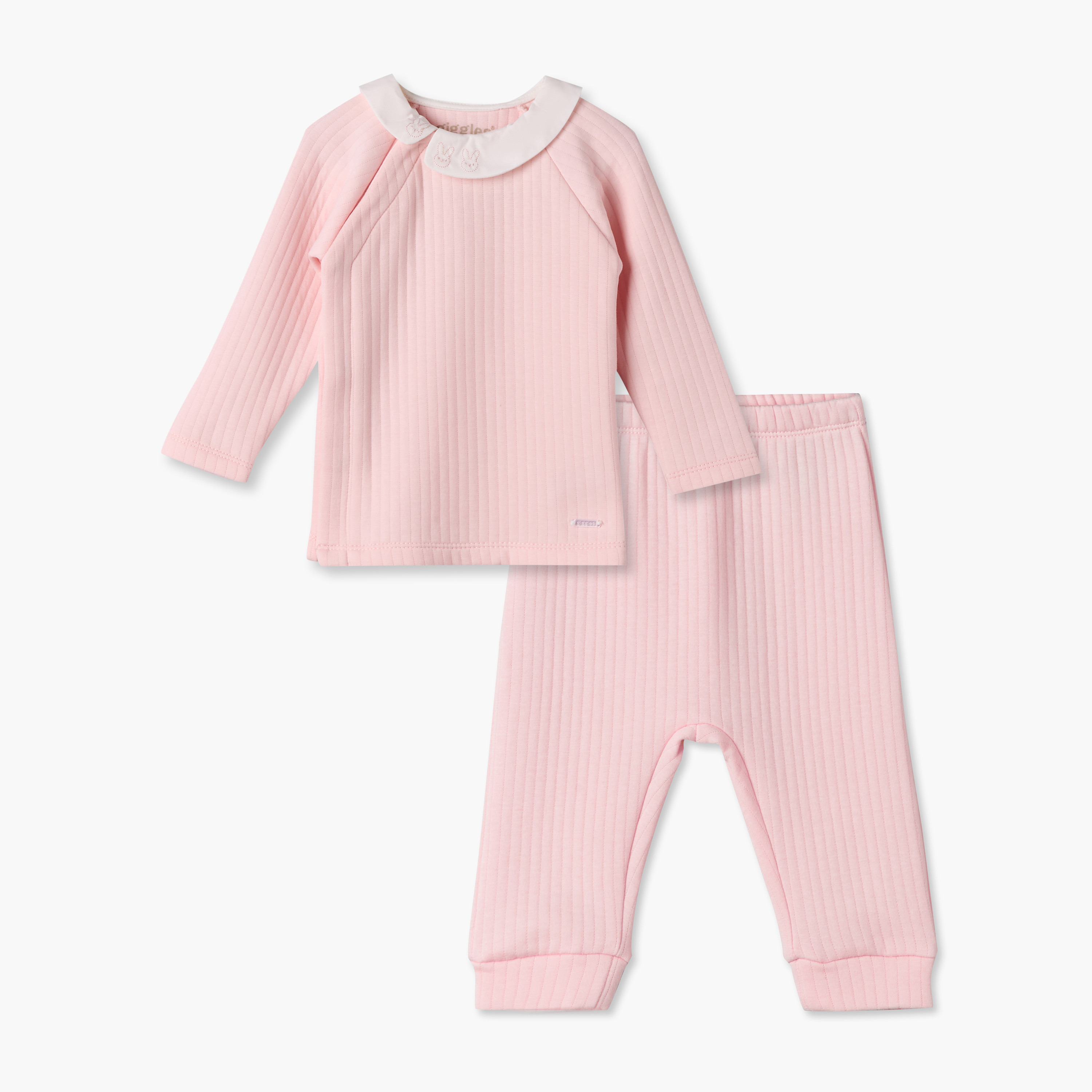 Giggles Collared Long Sleeves Pyjama Set with Ribbed Texture-baby-girls-clothing-nightwear-pyjamasets-image-2