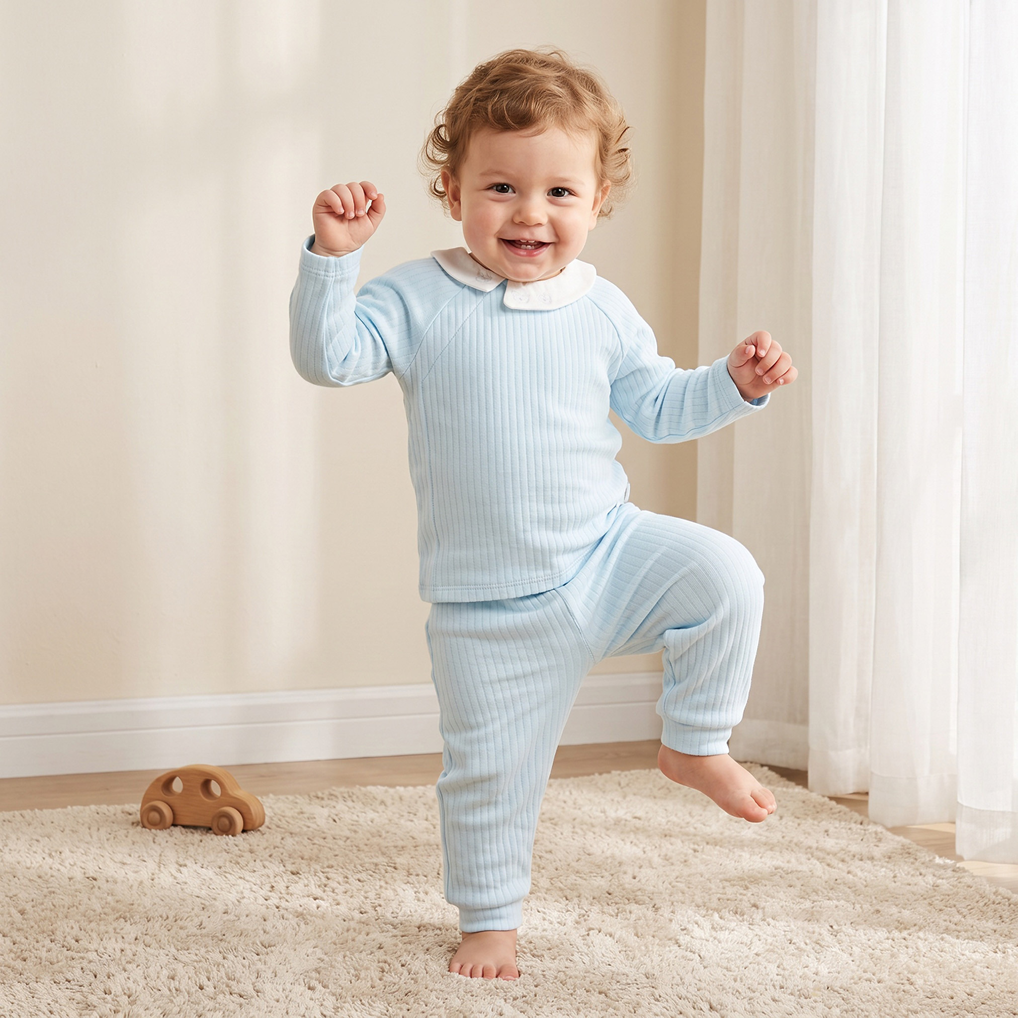 Giggles Collared Long Sleeves Pyjama Set with Ribbed Texture-baby-boys-clothing-nightwear-pyjamasets-image-1