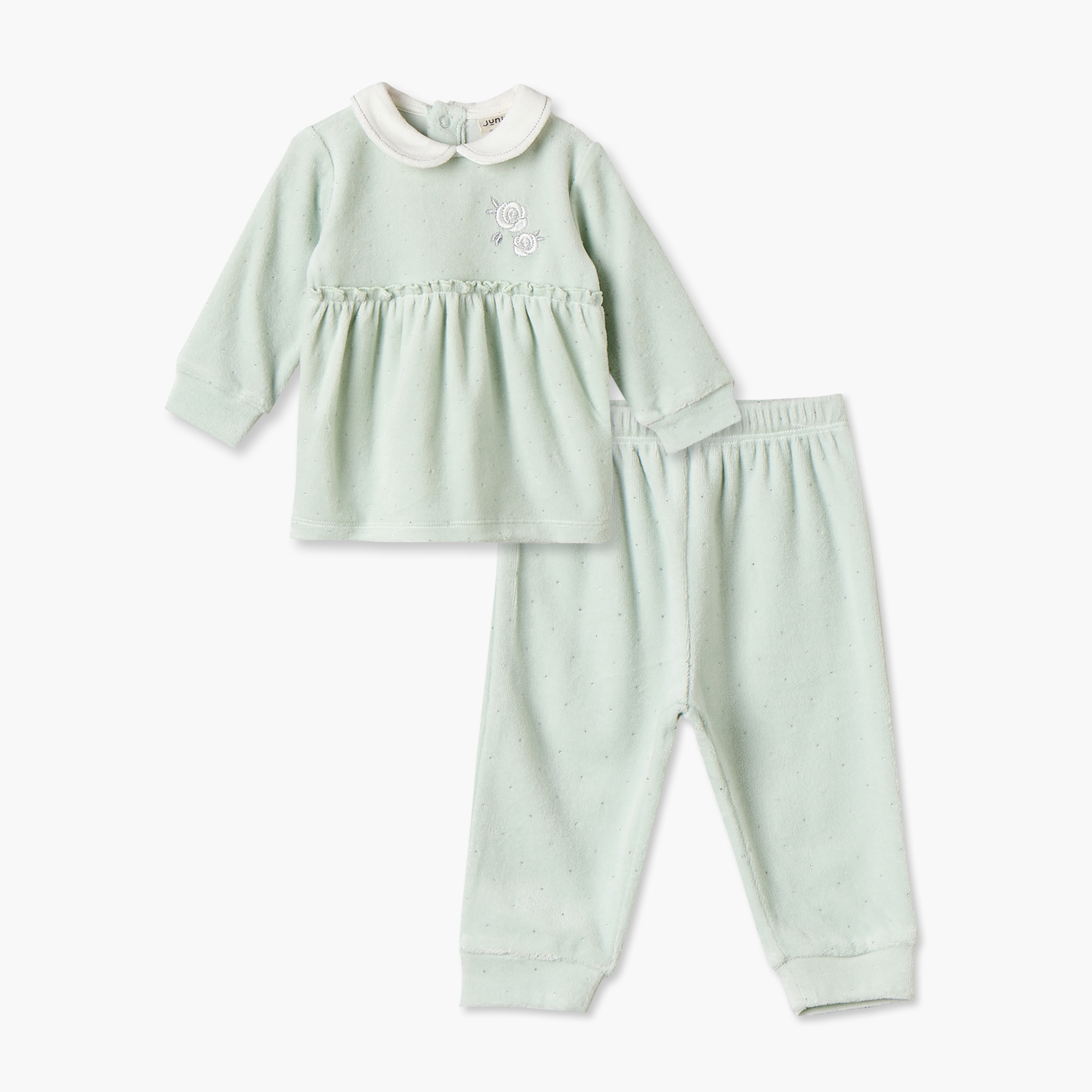 Juniors Peter Pan Collar Long Sleeves Pyjama Set with Floral Embroidery-baby-girls-clothing-nightwear-pyjamasets-image-1