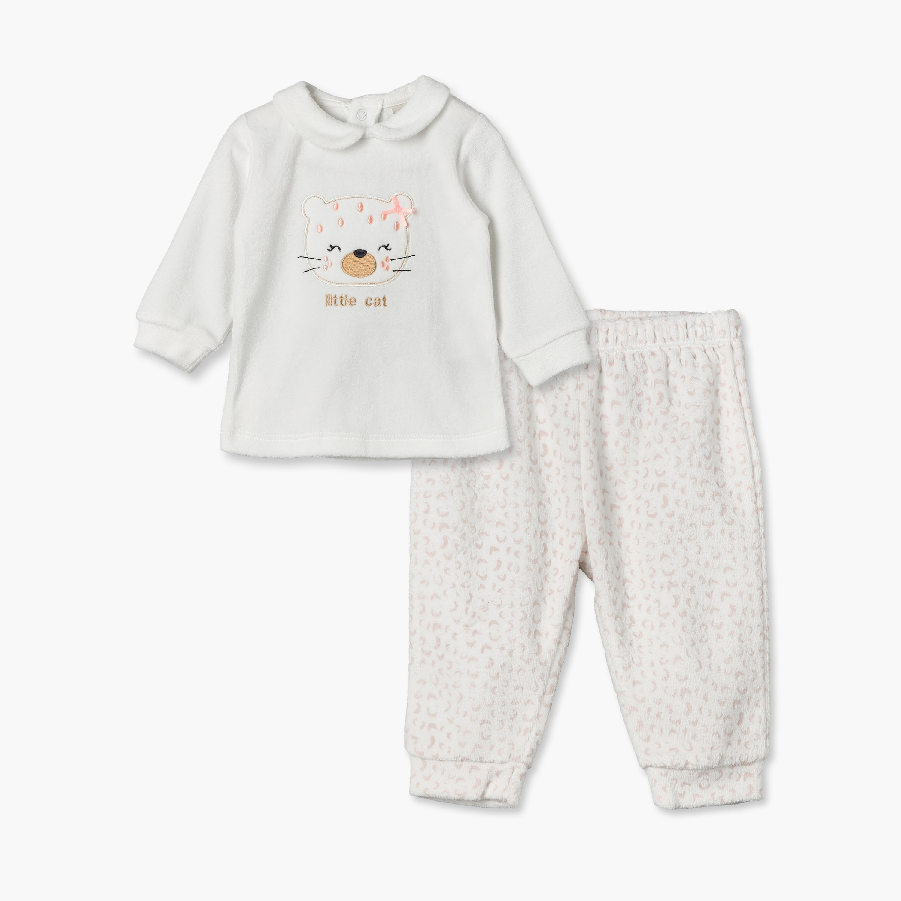 Juniors Peter Pan Collar Long Sleeves Pyjama Set with Cat Embroidery-baby-girls-clothing-nightwear-pyjamasets-image-1