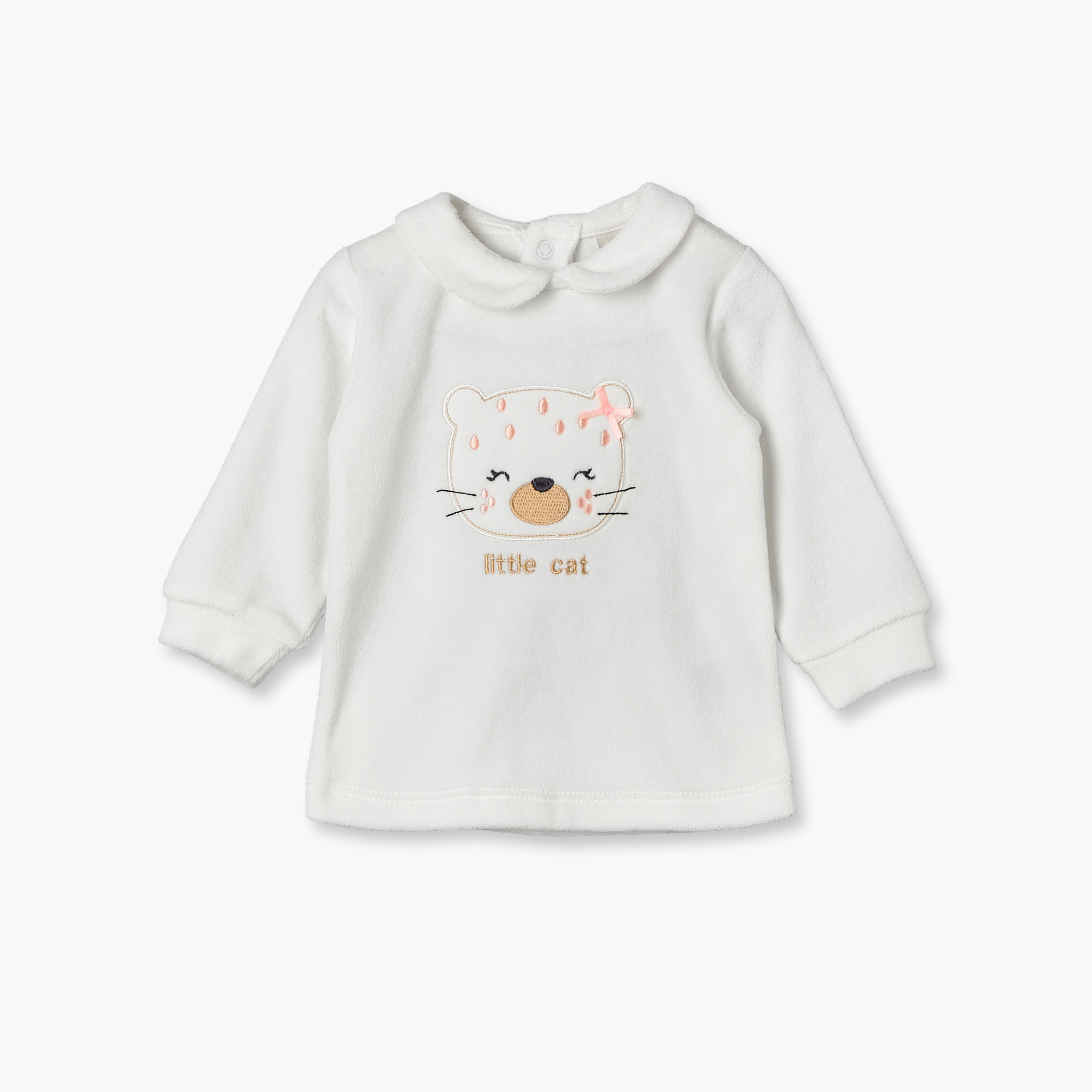 Juniors Peter Pan Collar Long Sleeves Pyjama Set with Cat Embroidery-baby-girls-clothing-nightwear-pyjamasets-image-2