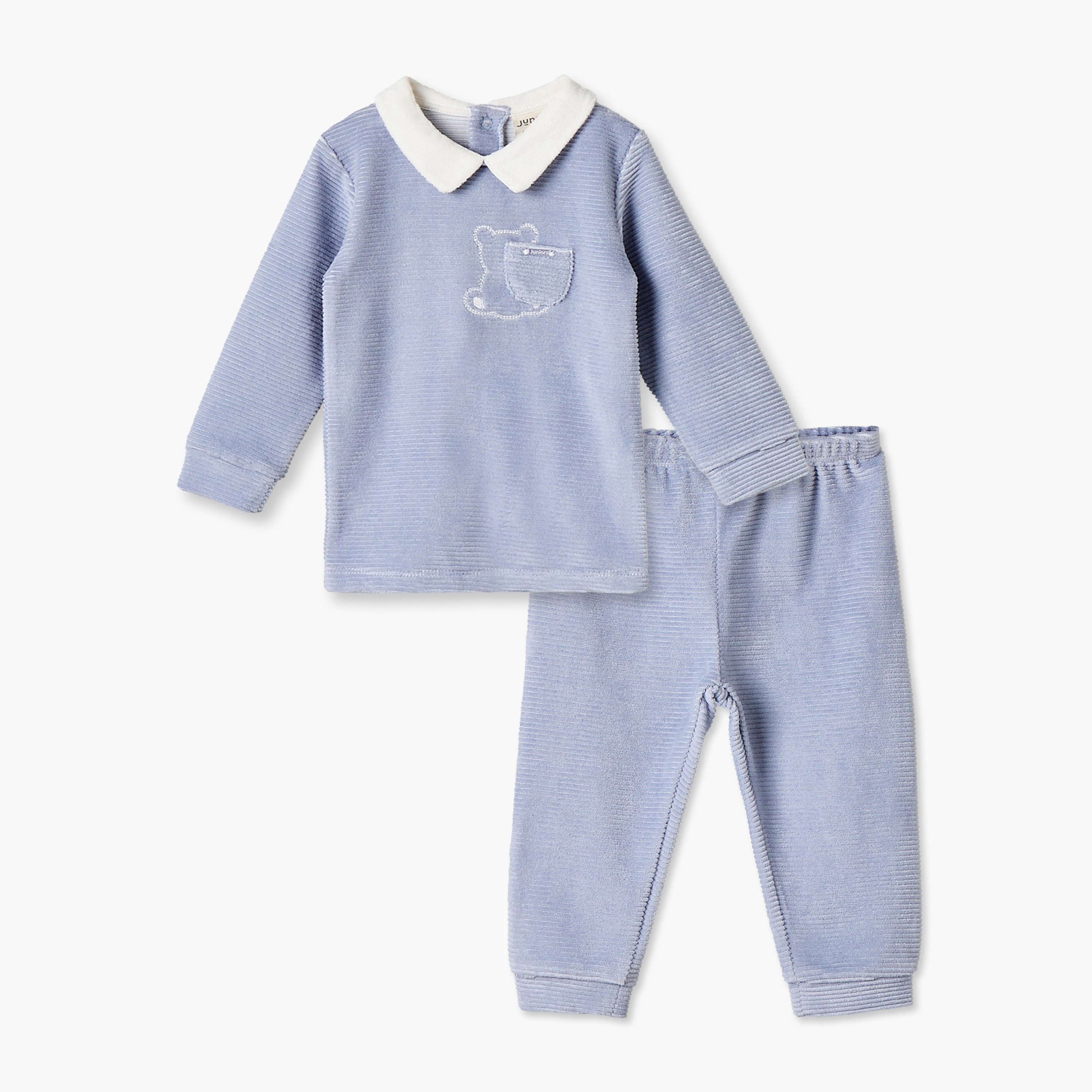 طقم بيجاما بياقة وأكمام طويلة وتطريزات دب من جيجلز-baby-boys-clothing-nightwear-pyjamasets-image-1