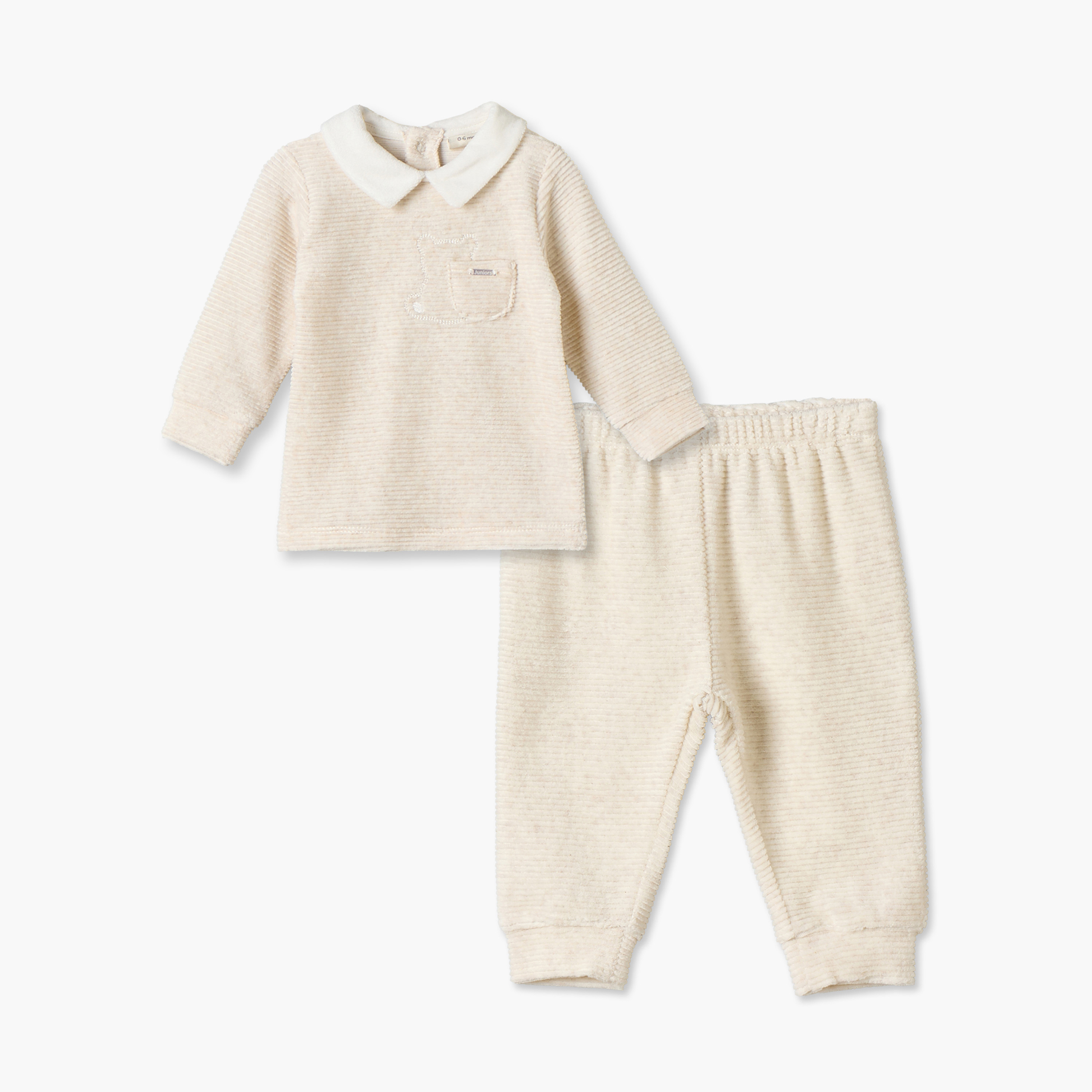 Giggles Collared Long Sleeves Pyjama Set with Bear Embroidery-baby-boys-clothing-nightwear-pyjamasets-image-1
