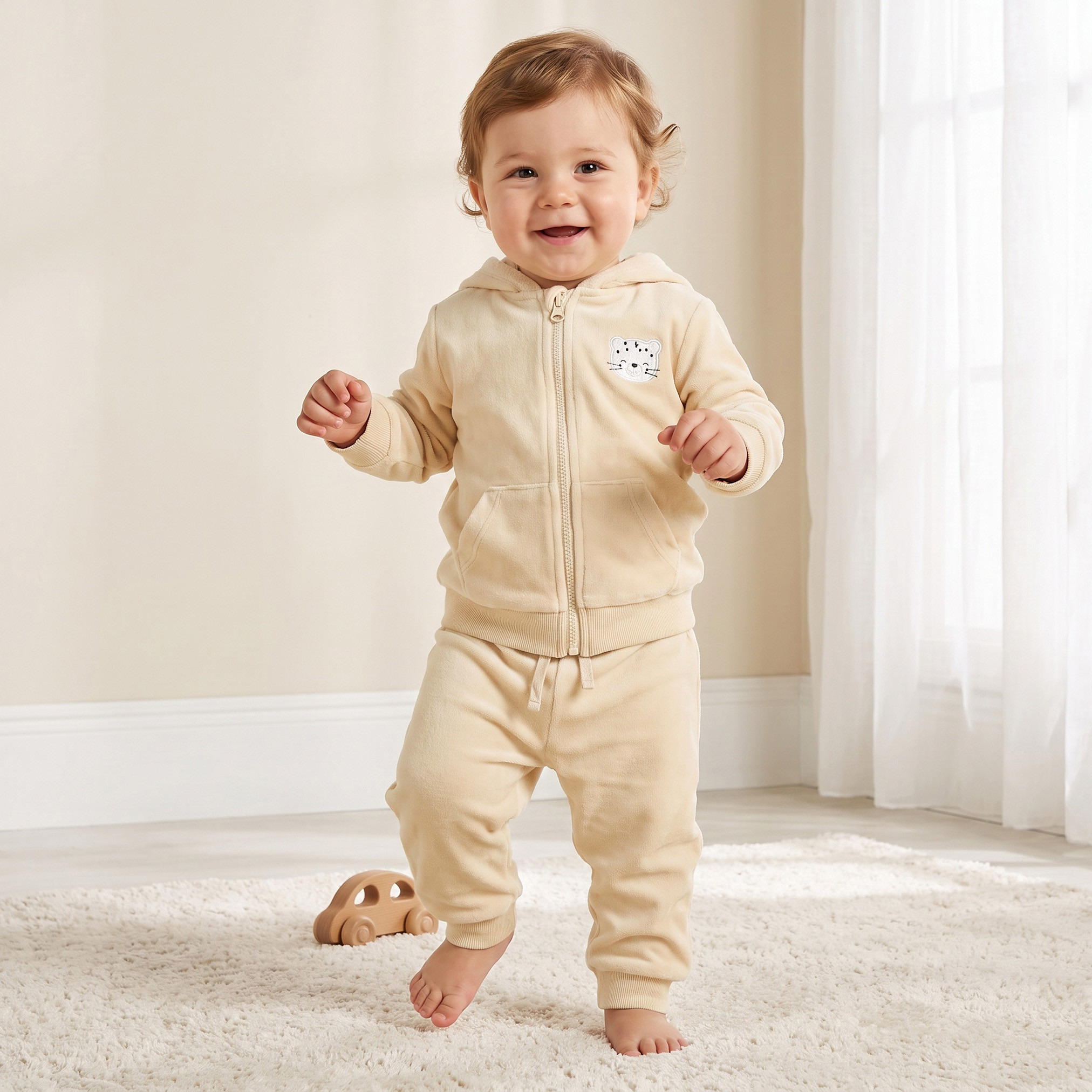 طقم هودي بأكمام طويلة بسحاب وبنطلون رياضي مع تطريز دب من جونيورز-baby-girls-clothing-nightwear-pyjamasets-image-1