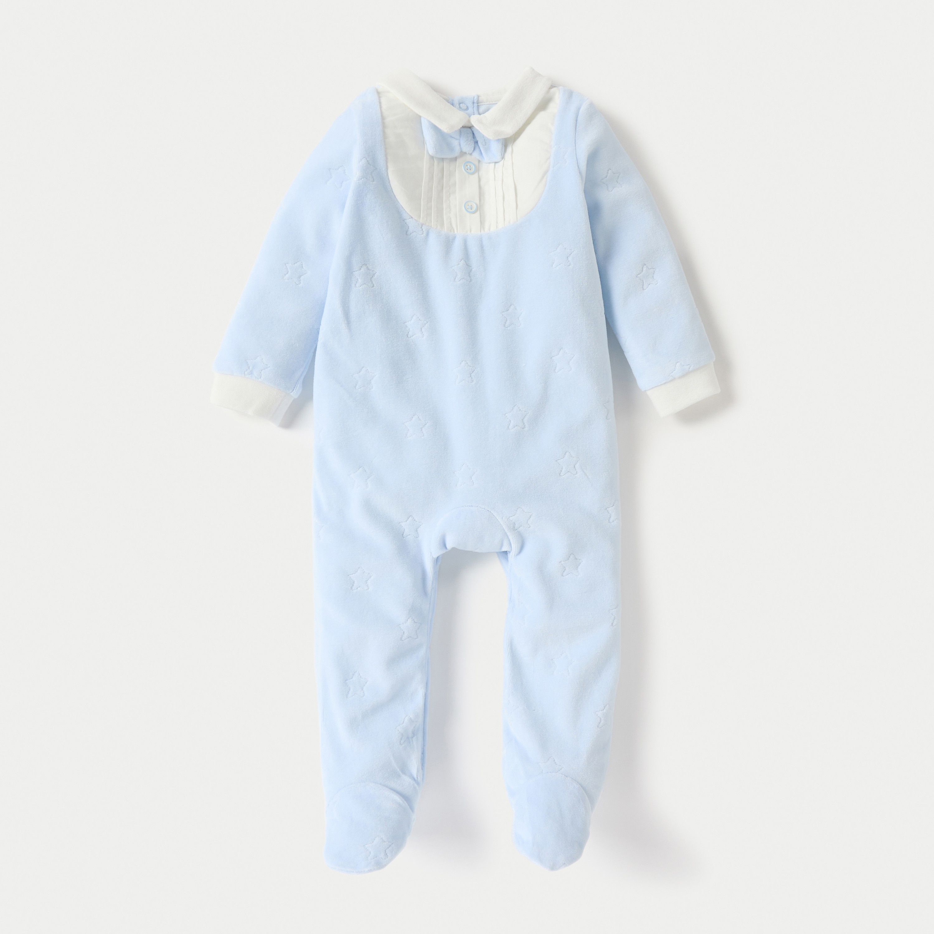 Giggles Star Textured Closed Feet Sleepsuit with Bow Detail and Button Closure-baby-boys-clothing-winterwear-sleepsuits-image-1