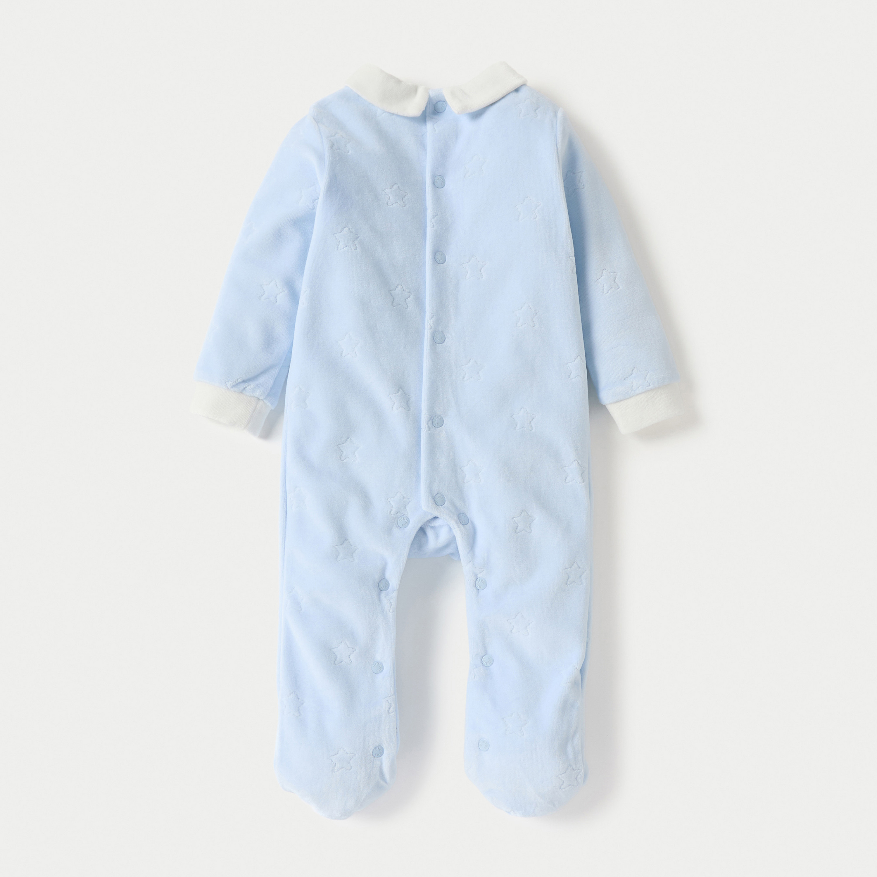 Giggles Star Textured Closed Feet Sleepsuit with Bow Detail and Button Closure-baby-boys-clothing-winterwear-sleepsuits-image-2