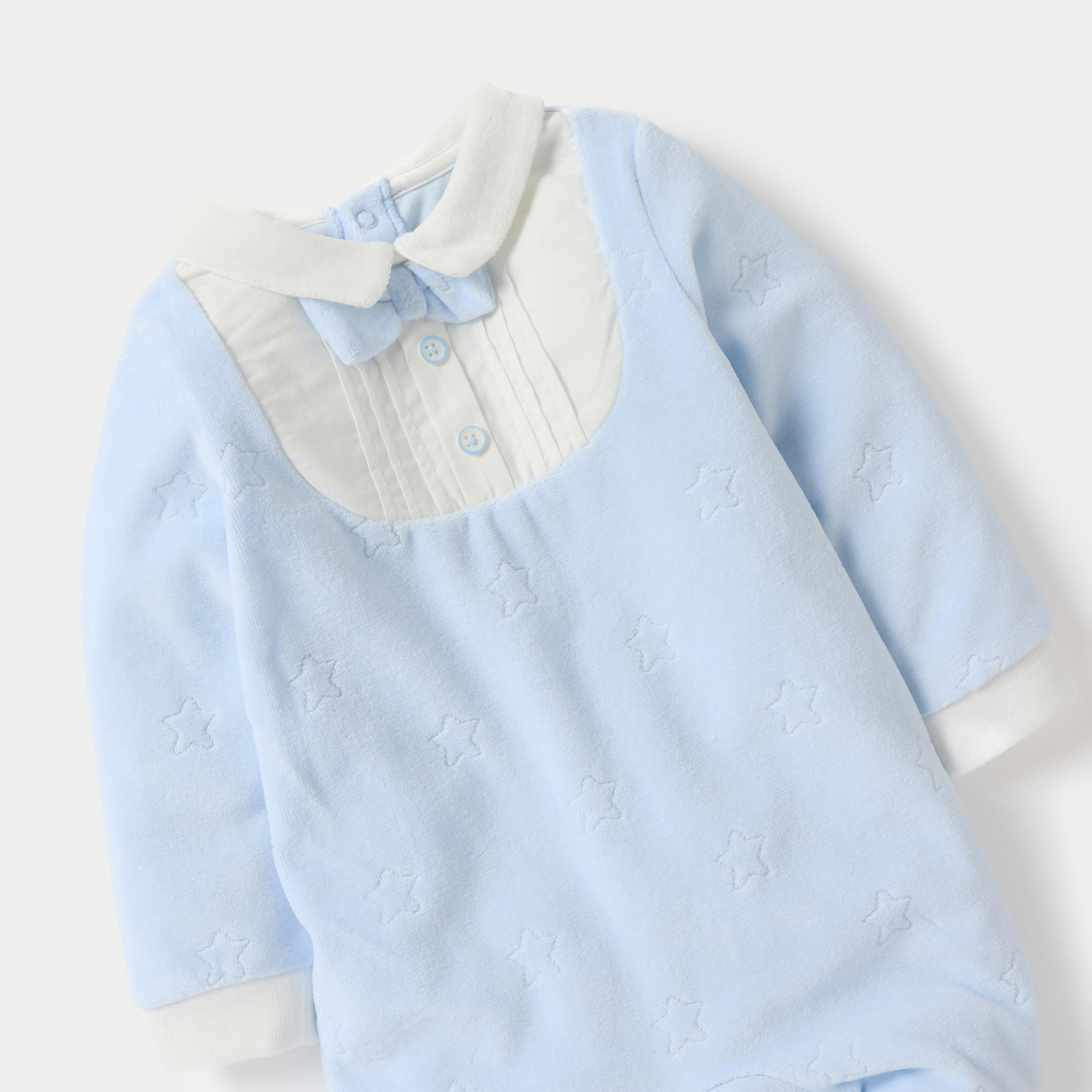 Giggles Star Textured Closed Feet Sleepsuit with Bow Detail and Button Closure-baby-boys-clothing-winterwear-sleepsuits-image-3