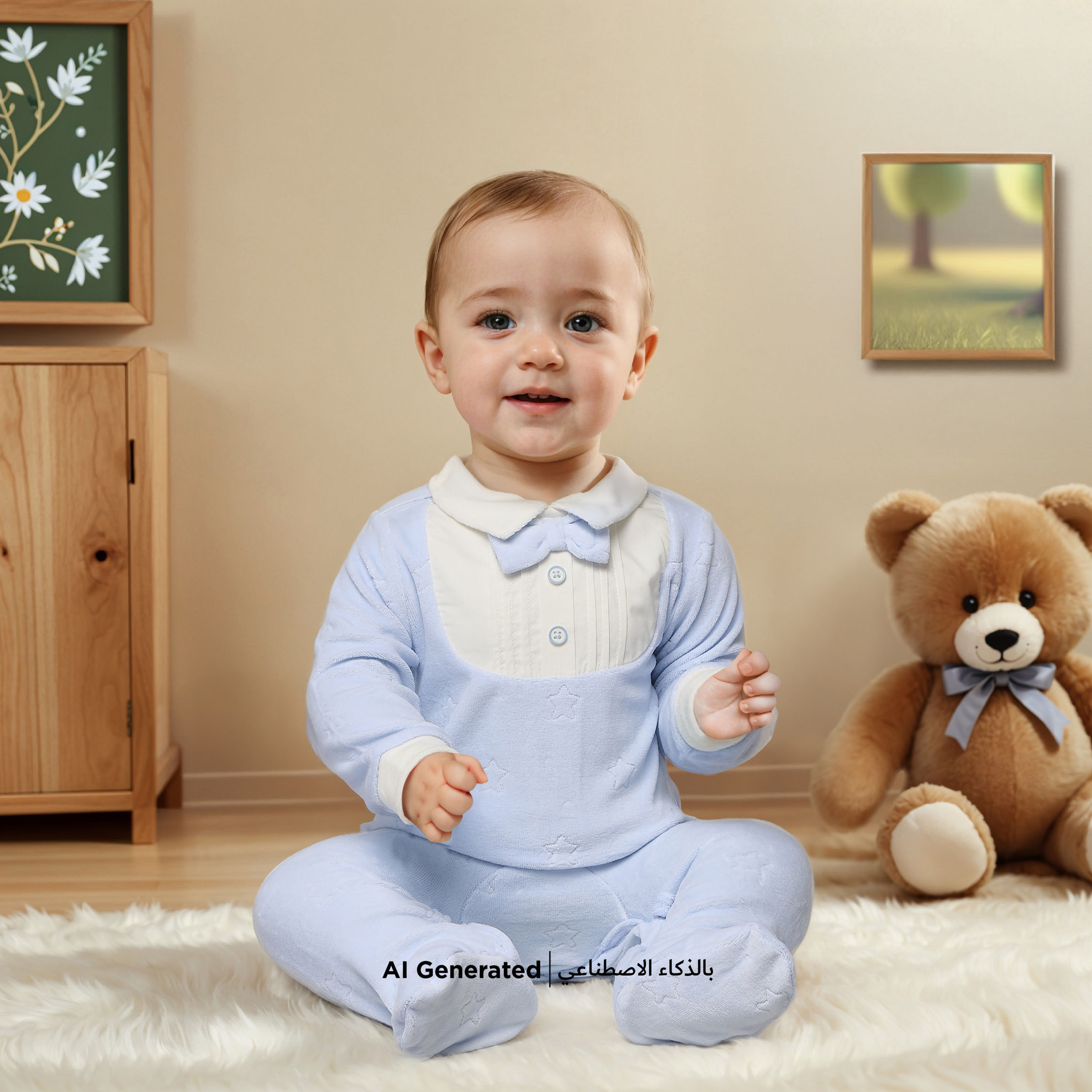 Giggles Star Textured Closed Feet Sleepsuit with Bow Detail and Button Closure-baby-boys-clothing-winterwear-sleepsuits-image-6