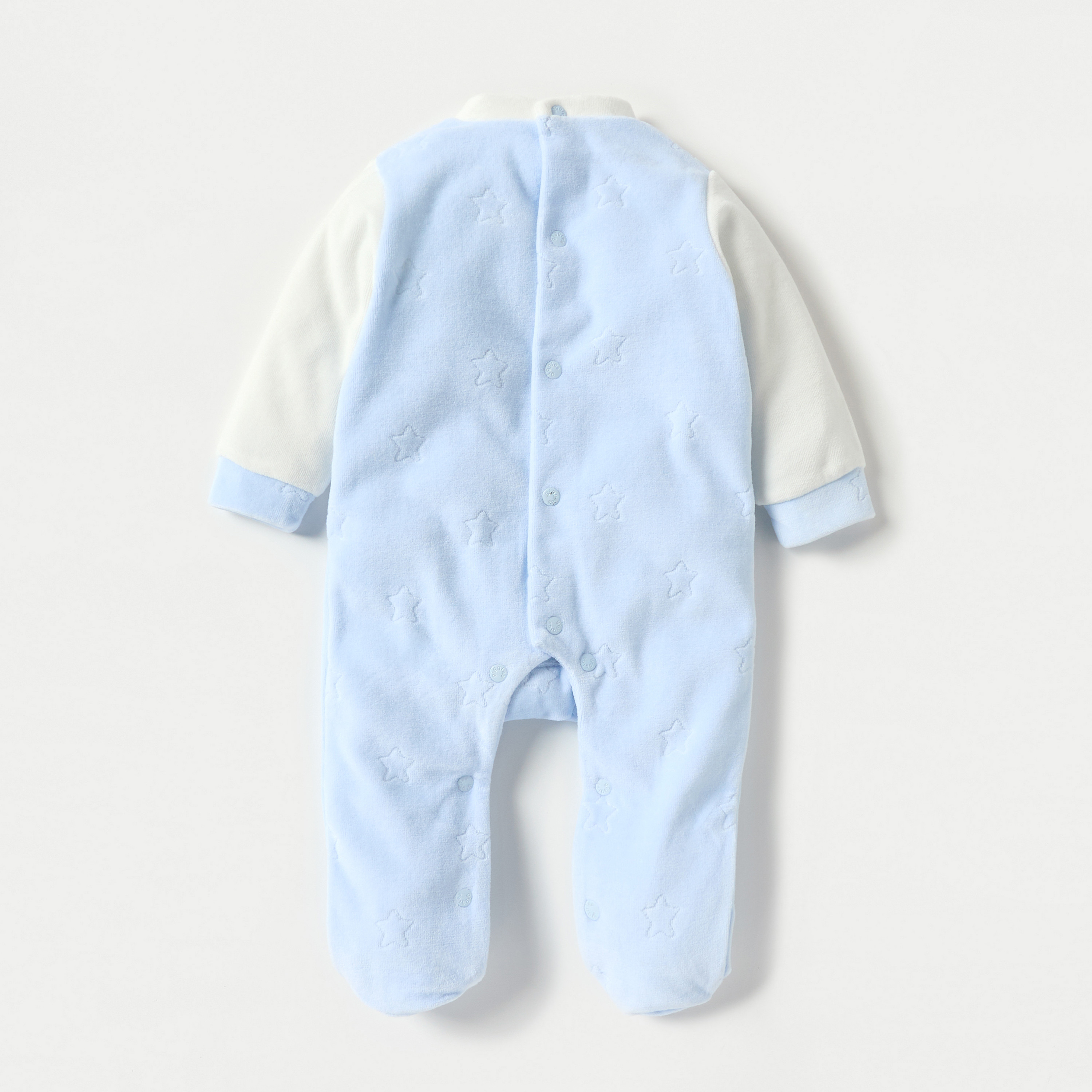 Giggles Star Textured Closed Feet Sleepsuit with Bow Detail and Button Closure-baby-boys-clothing-nightwear-sleepsuits-image-2