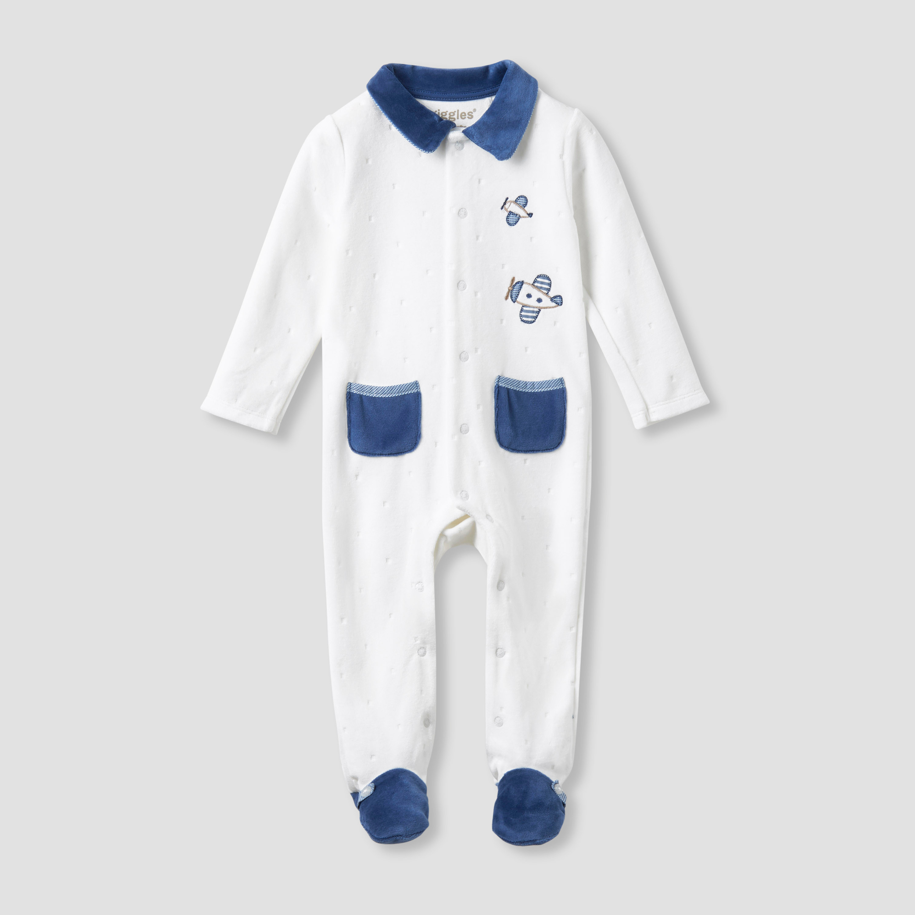 Giggles Collared Closed Foot Sleepsuit with Aeroplane Embroidery - Cotton Blend - Long Sleeves-baby-boys-clothing-nightwear-sleepsuits-image-1