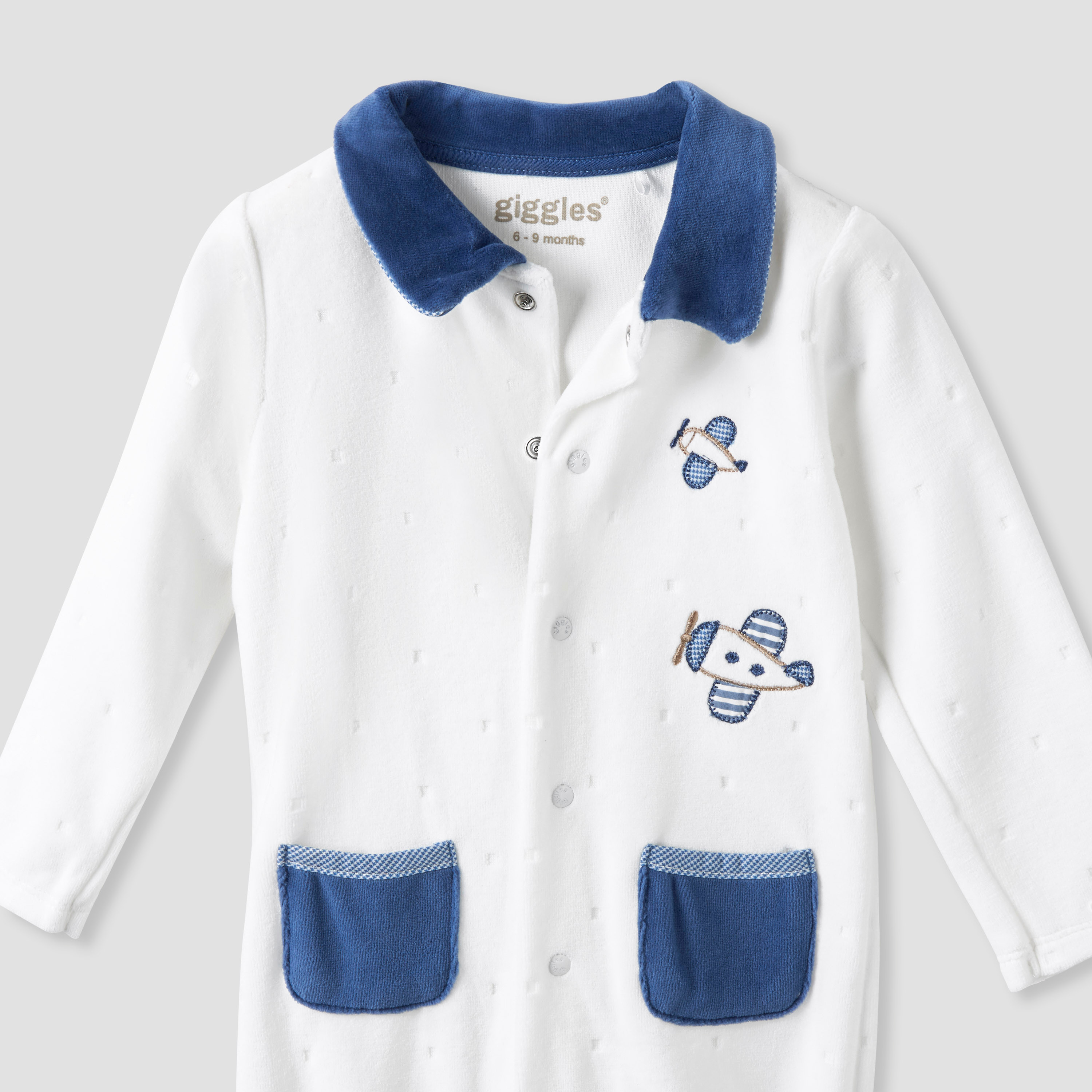 Giggles Collared Closed Foot Sleepsuit with Aeroplane Embroidery - Cotton Blend - Long Sleeves-baby-boys-clothing-nightwear-sleepsuits-image-3