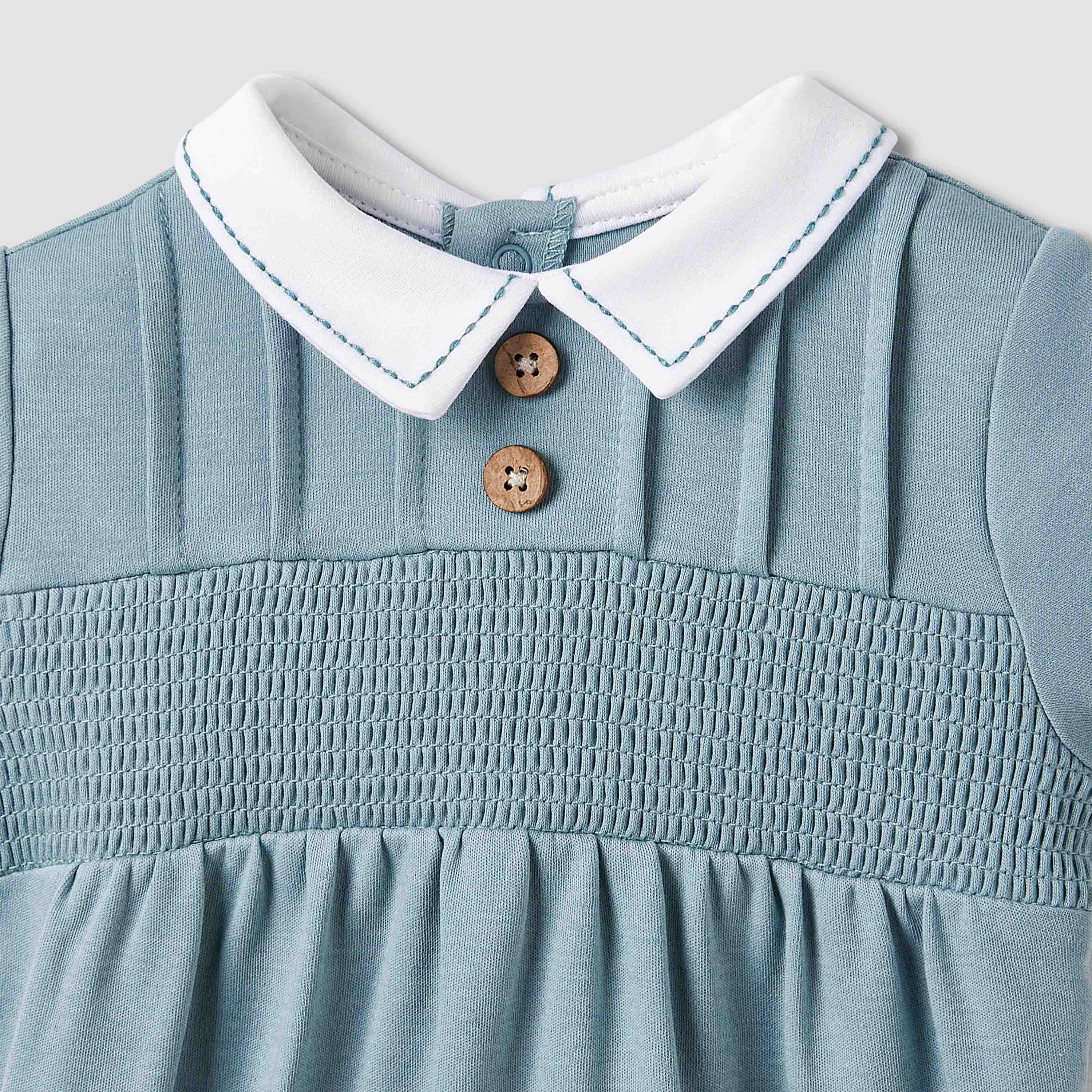 Giggles Peter Pan Collar Romper with Smock Detail - Cotton - Short Sleeves-baby-boys-clothing-rompers-image-3