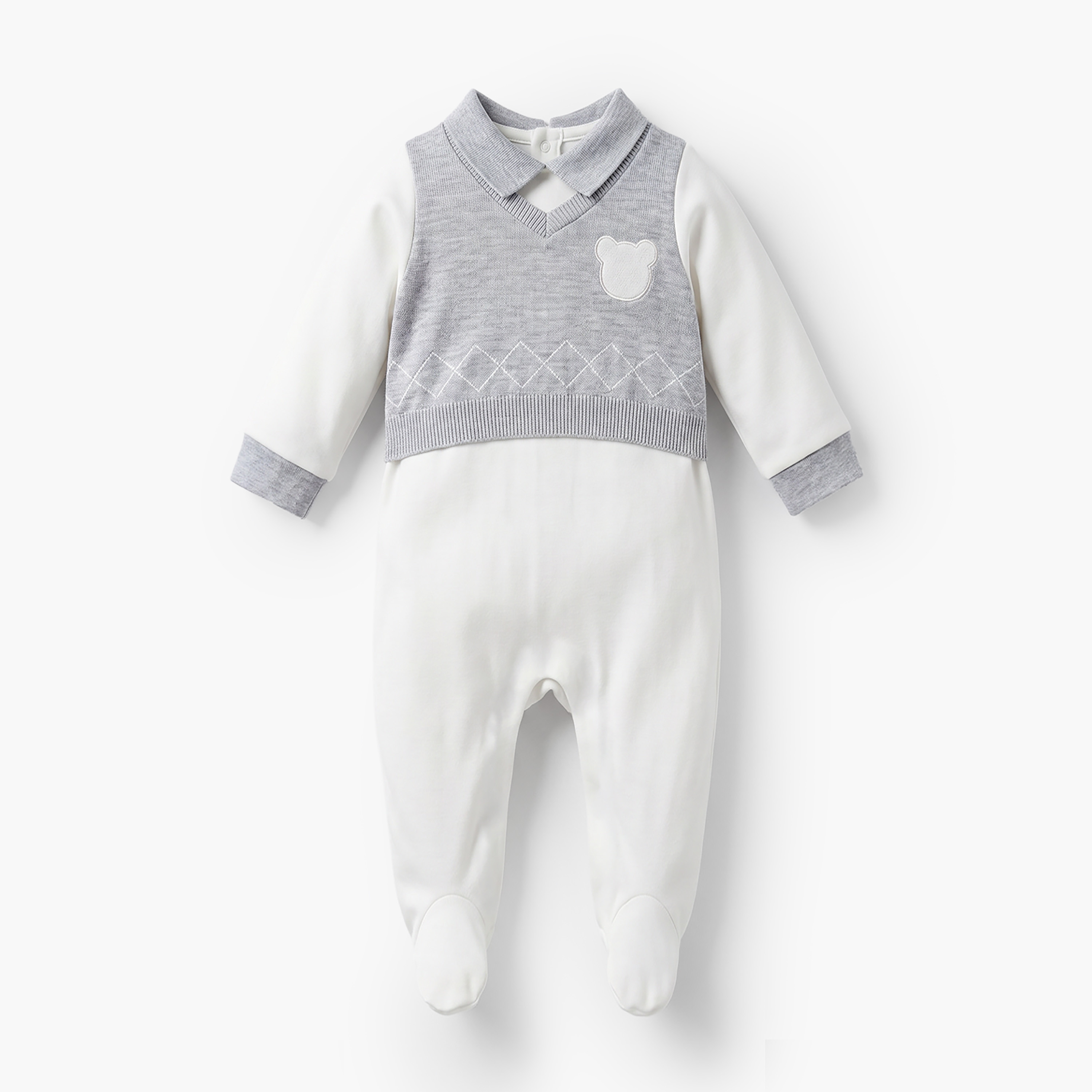 Giggles Collared Sleepsuit with Bear Applique - Cotton - Long Sleeves-baby-boys-clothing-nightwear-sleepsuits-image-1
