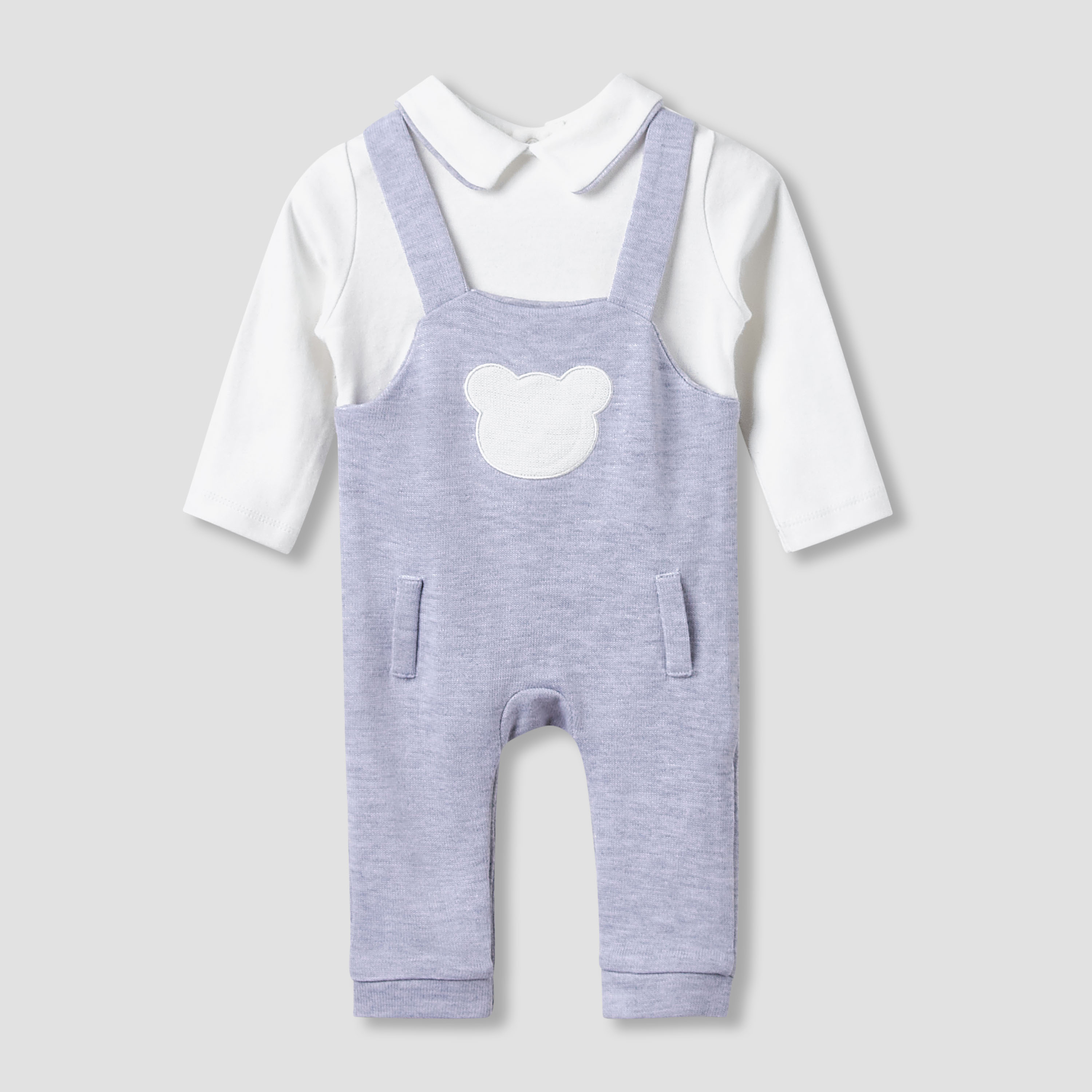 Giggles Collared Sleepsuit with Bear Applique - Cotton - Long Sleeves-baby-boys-clothing-nightwear-sleepsuits-image-1