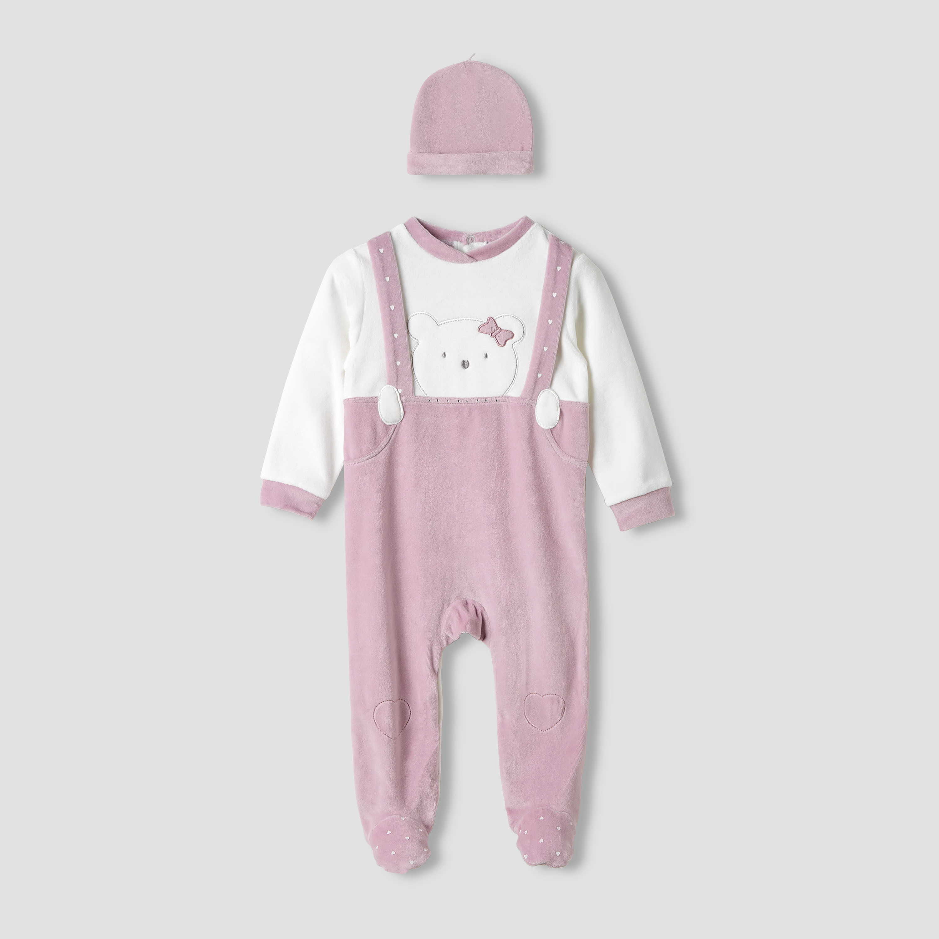 Juniors Textured Velour Footed Sleepsuit with Long Sleeves and Beanie Cap-baby-girls-clothing-nightwear-sleepsuits-image-1