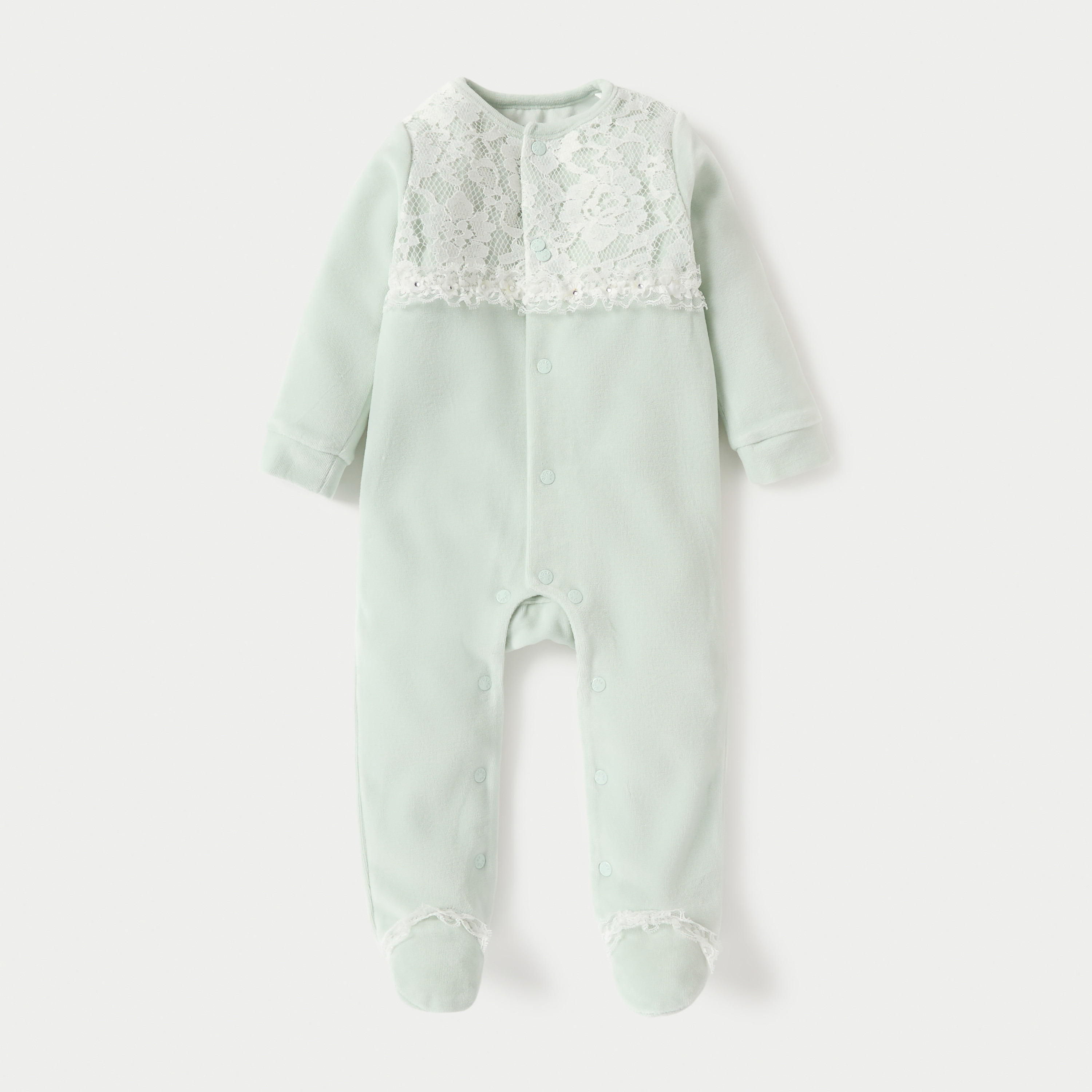 Buy Giggles Lace Detail Closed Feet Velour Sleepsuit with Long Sleeves ...