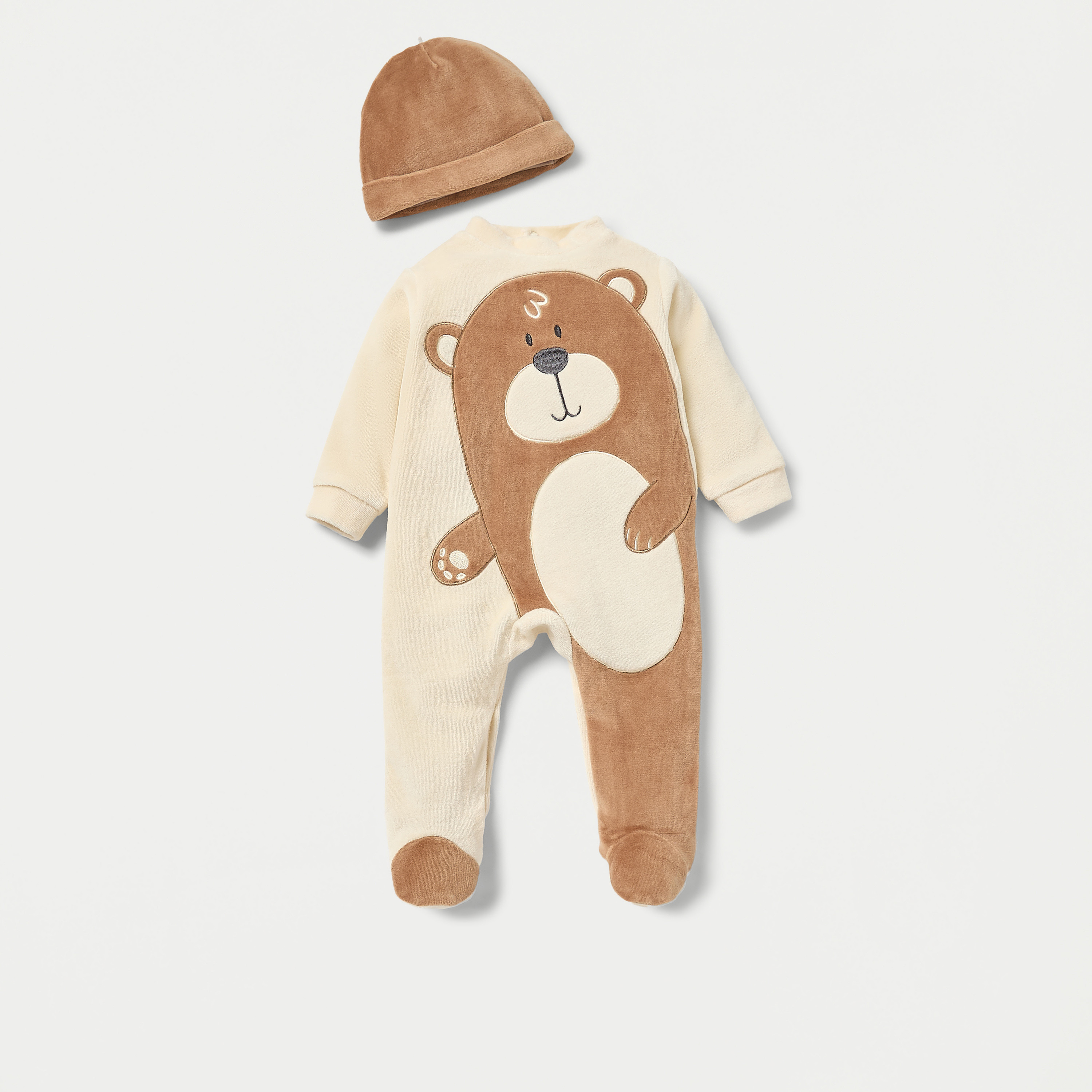 Juniors Teddy Bear Detail Velour Closed Feet Sleepsuit with Cap-baby-boys-clothing-winterwear-sleepsuits-image-1