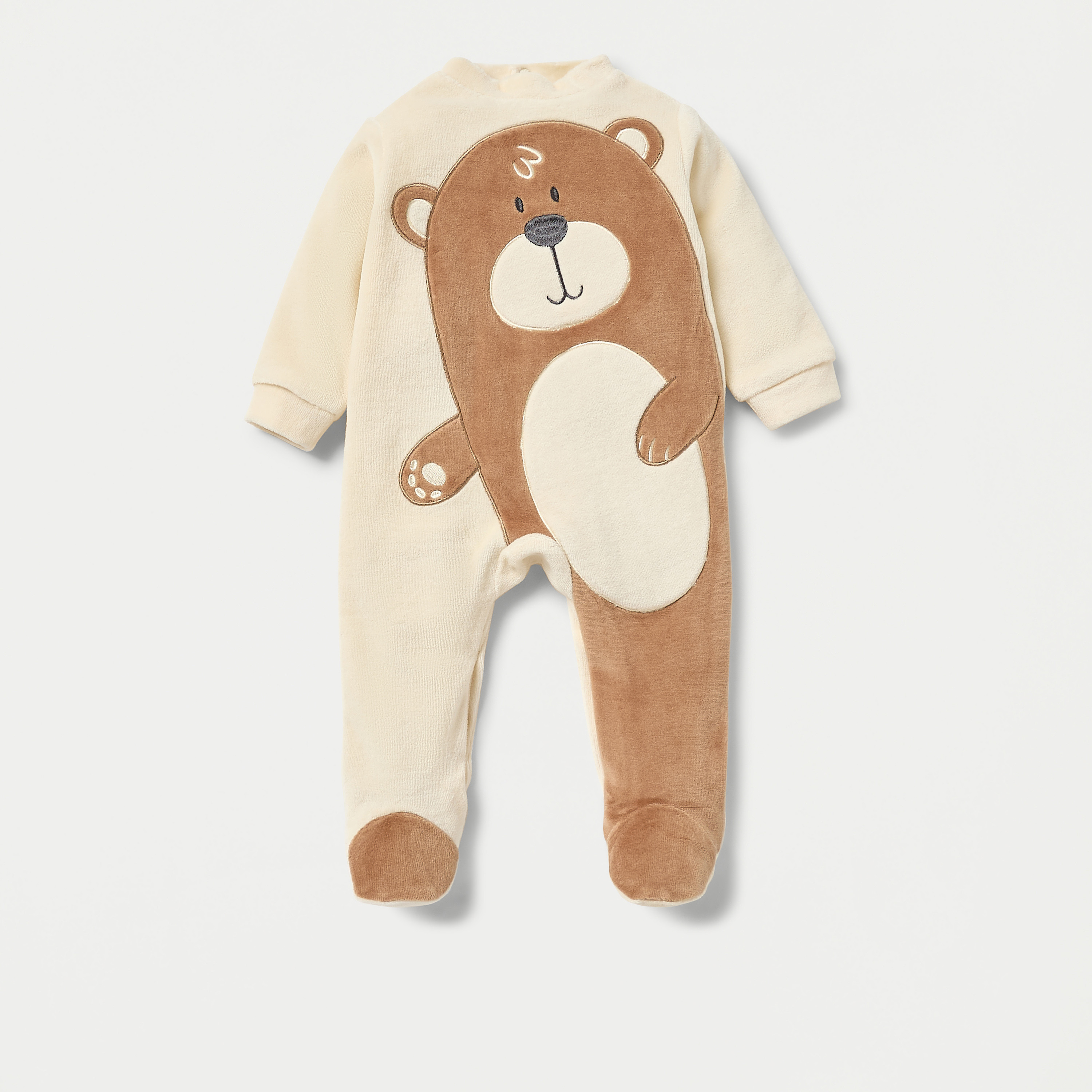 Juniors Teddy Bear Detail Velour Closed Feet Sleepsuit with Cap-baby-boys-clothing-winterwear-sleepsuits-image-2