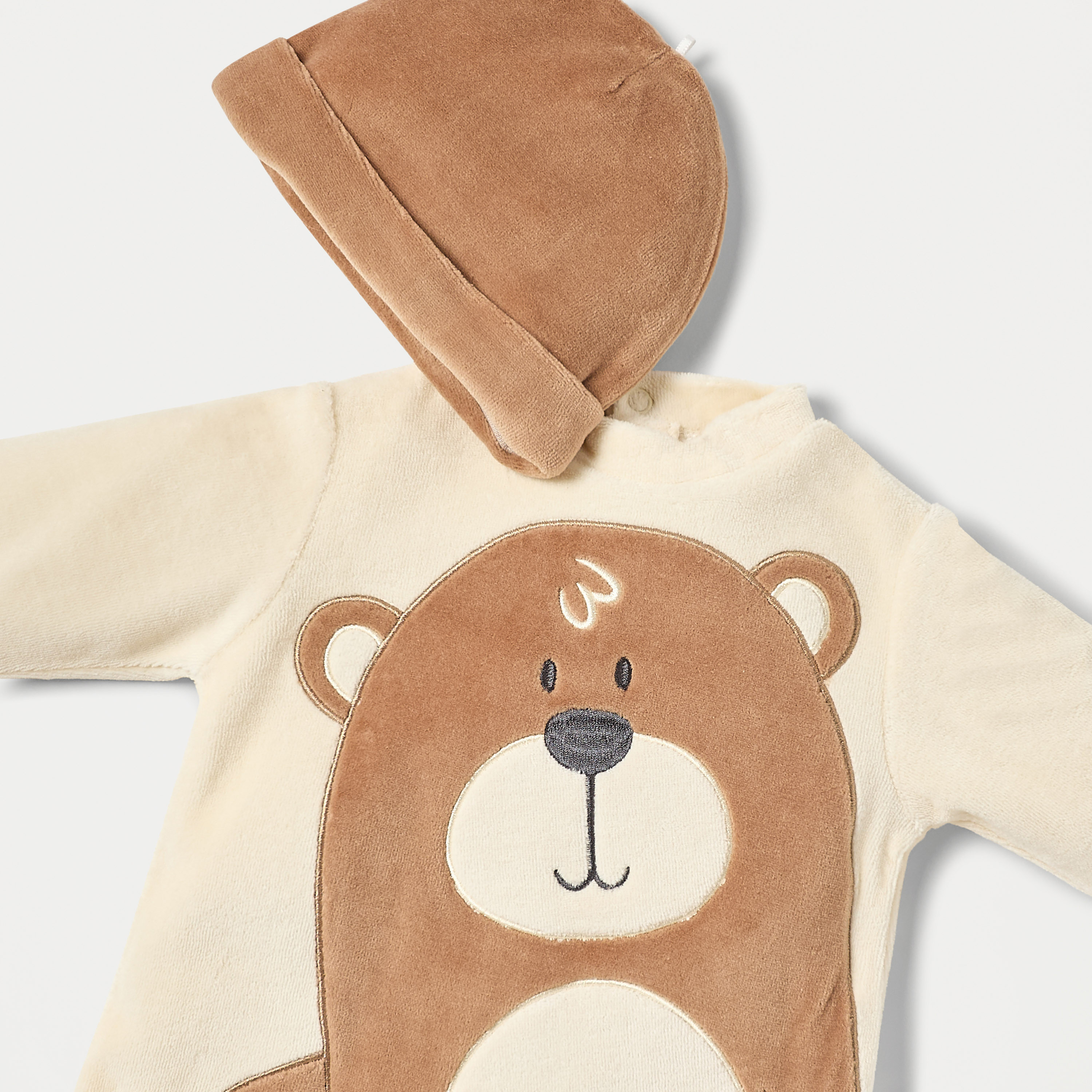 Juniors Teddy Bear Detail Velour Closed Feet Sleepsuit with Cap-baby-boys-clothing-winterwear-sleepsuits-image-4