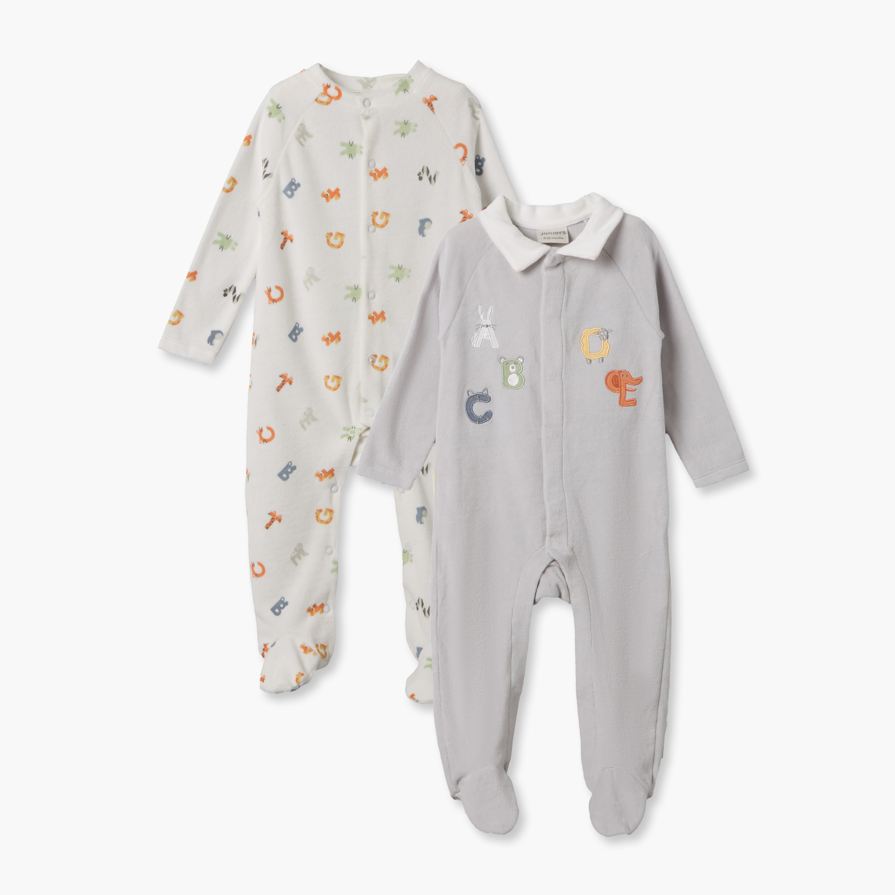 طقم بدلات نوم قطيفة بياقة ضيقة وأكمام طويلة وطبعات أبجدية من جونيورز - قطعتين-baby-boys-clothing-nightwear-sleepsuits-image-1