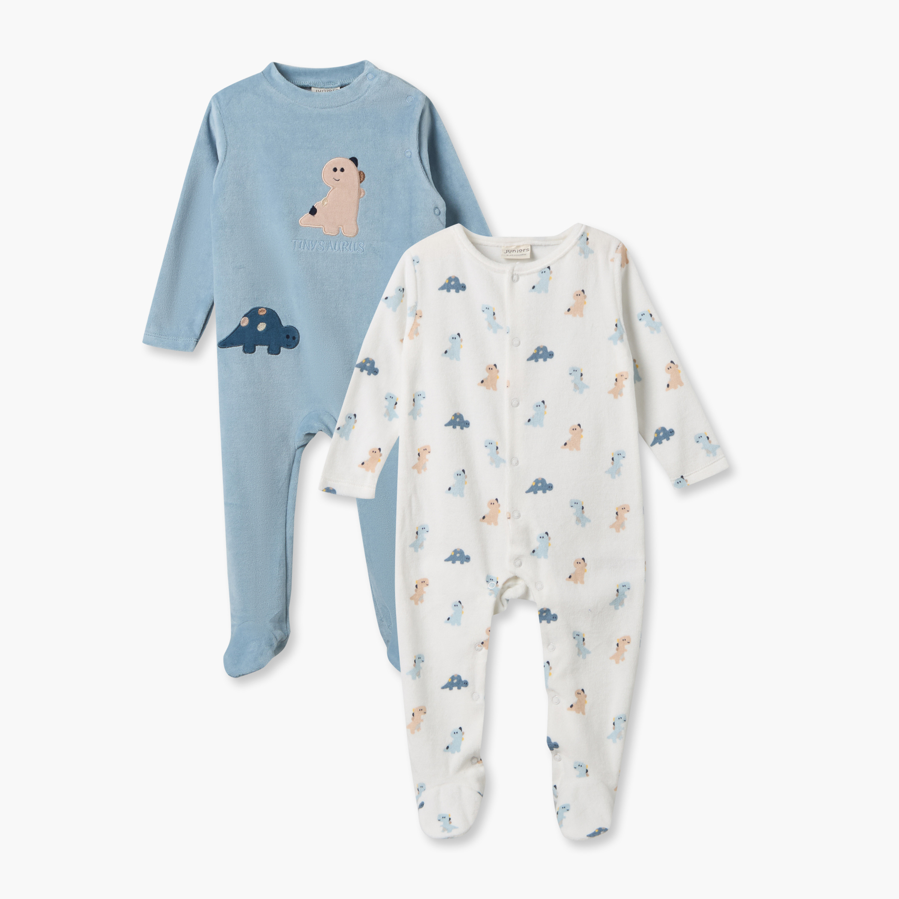 طقم بدلات نوم قطيفة بياقة ضيقة وأكمام طويلة وطبعات ديناصورات من جونيورز - قطعتين-baby-boys-clothing-nightwear-sleepsuits-image-1