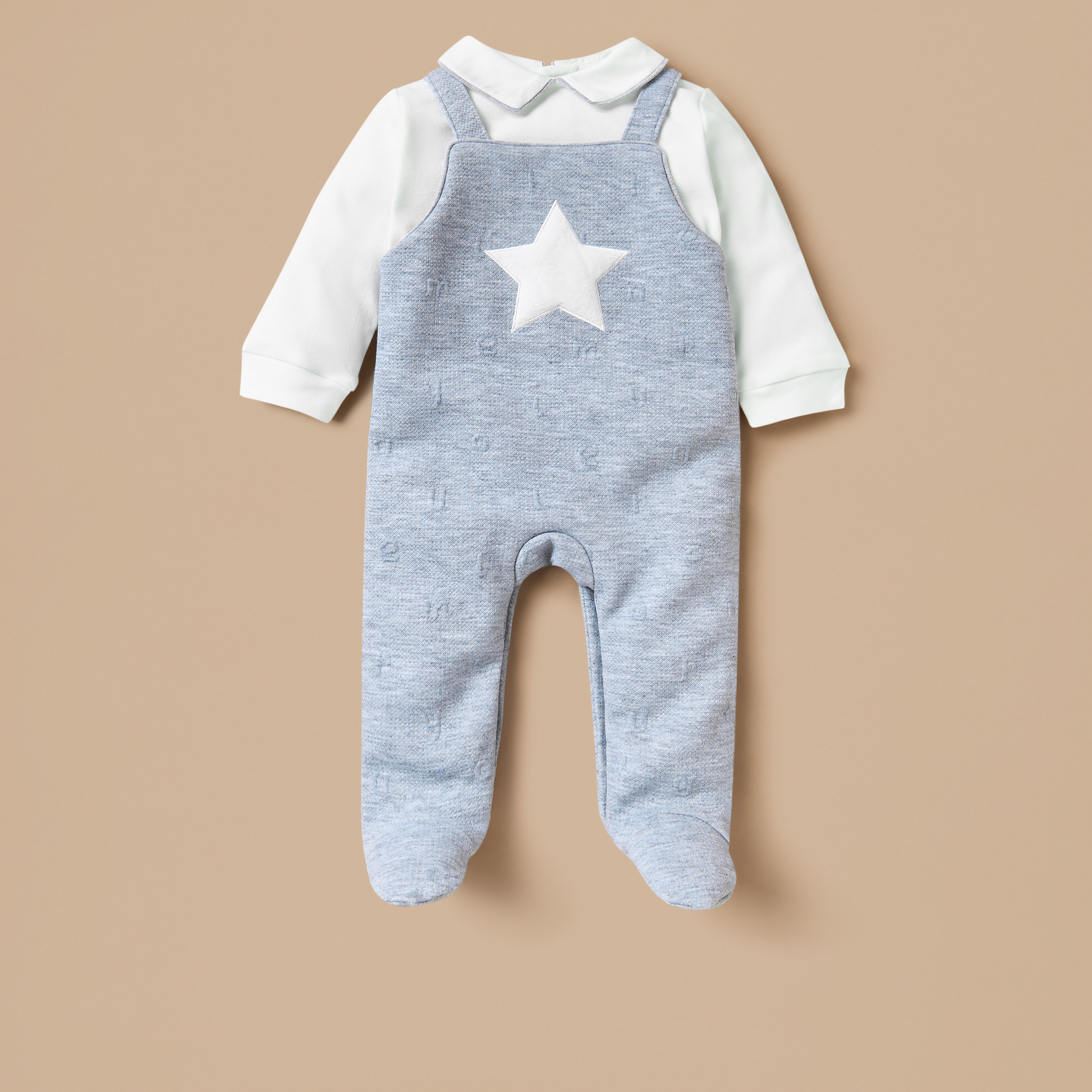 Juniors Jacquard Sleepsuit with Star Applique and Long Sleeves-baby-boys-clothing-winterwear-sleepsuits-image-1
