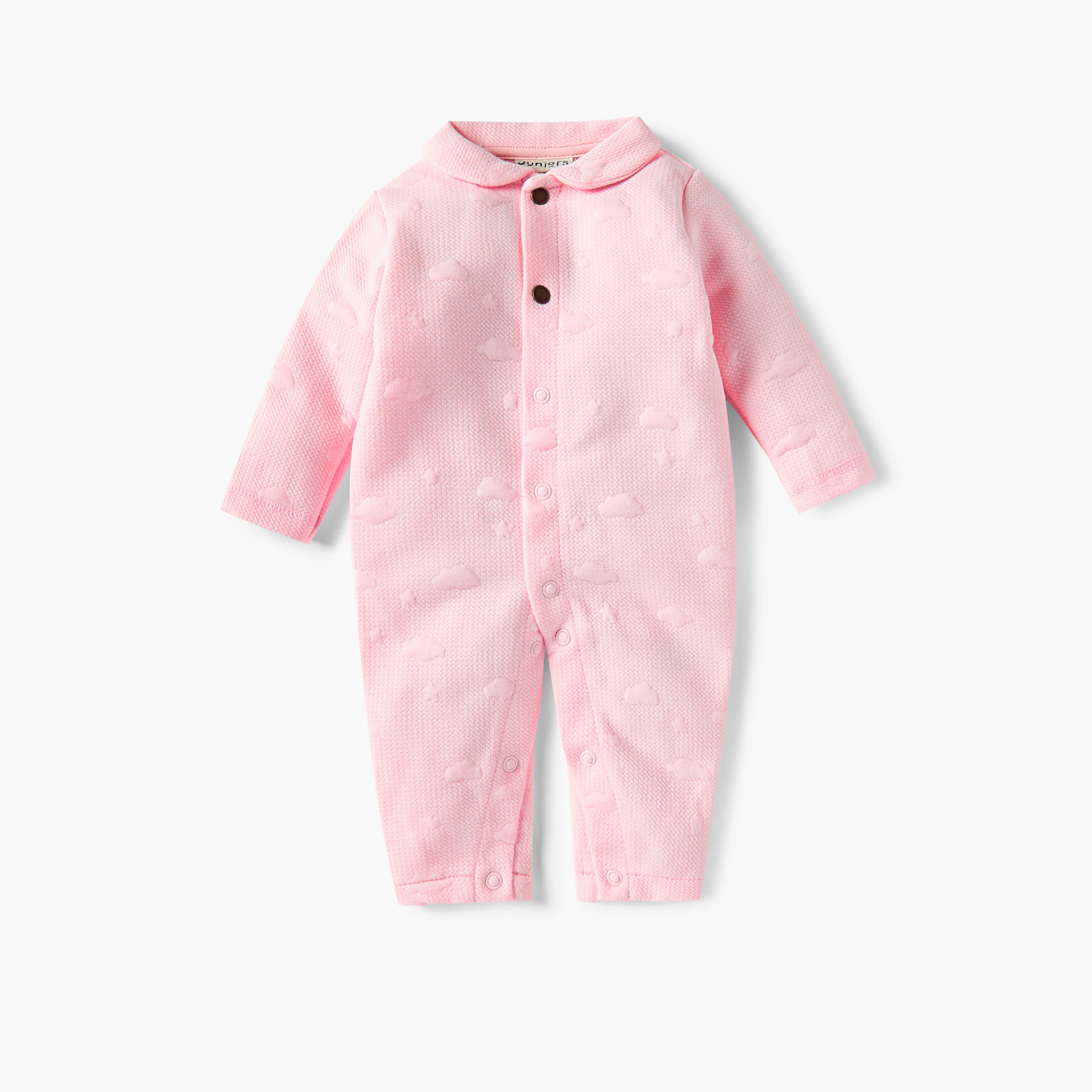 Juniors Jacquard Textured Collared Sleepsuit with Snap Button Closure-baby-girls-clothing-nightwear-sleepsuits-image-1