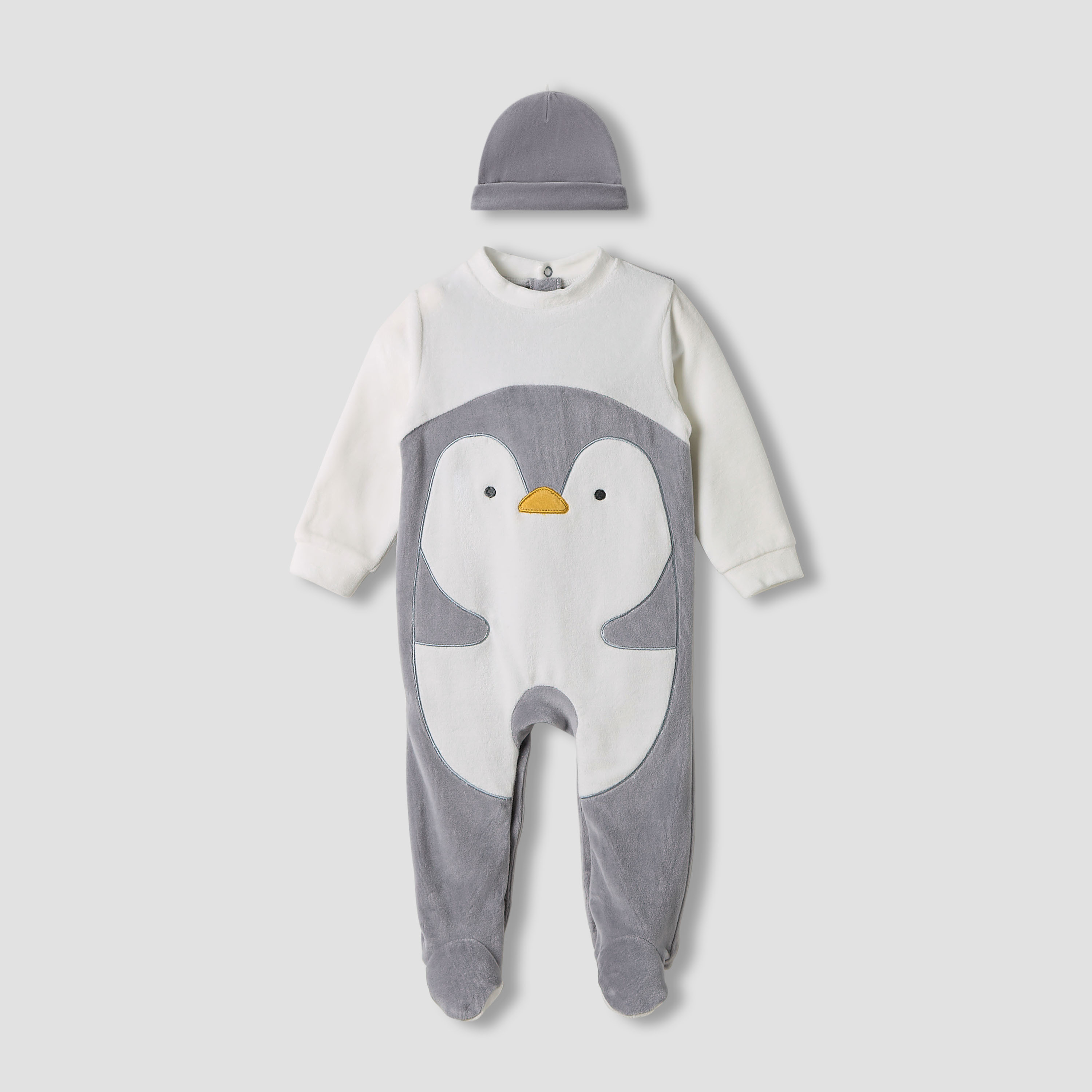 Juniors Penguin Detail Velour Closed Feet Sleepsuit with Cap-baby-boys-clothing-winterwear-sleepsuits-image-1