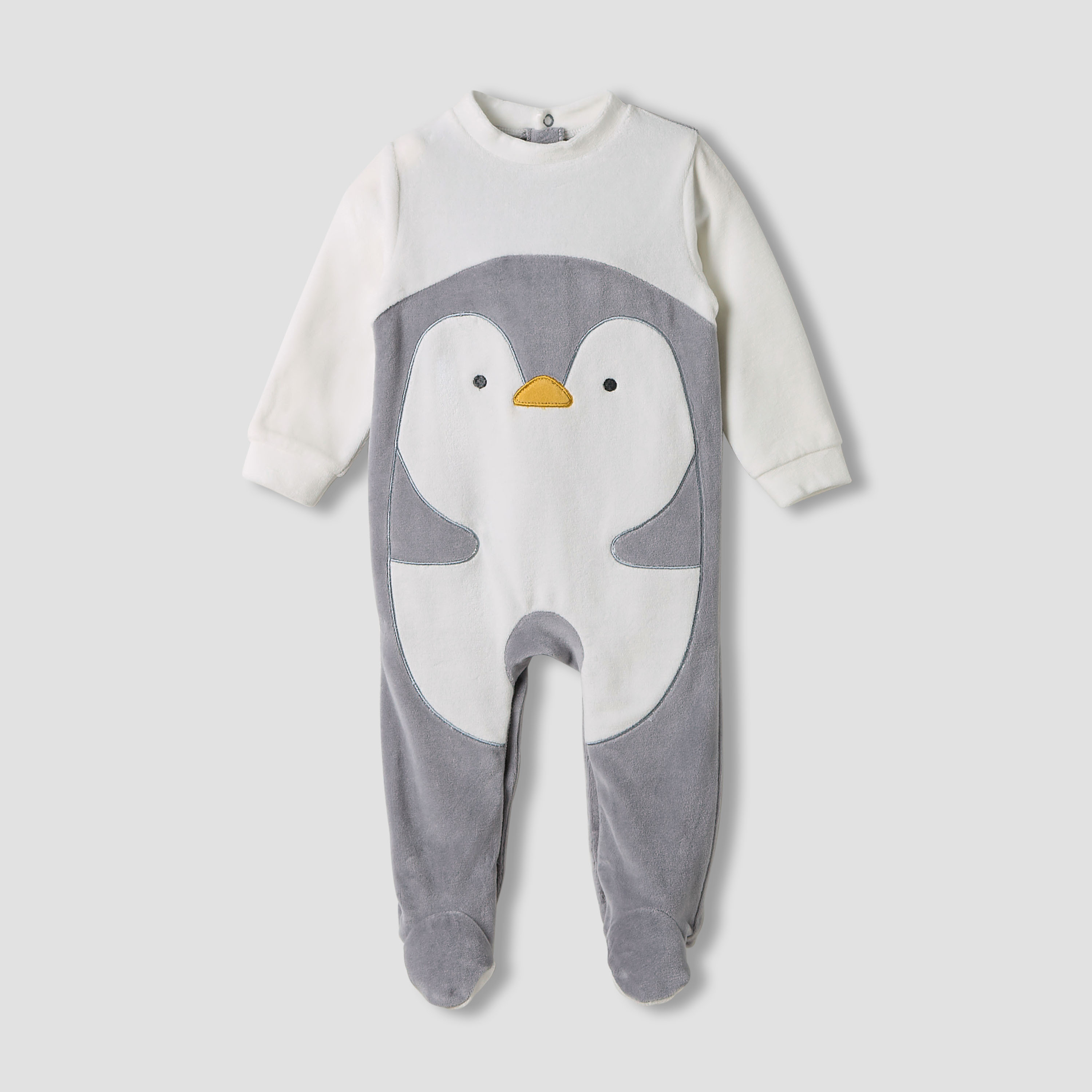 Juniors Penguin Detail Velour Closed Feet Sleepsuit with Cap-baby-boys-clothing-winterwear-sleepsuits-image-2