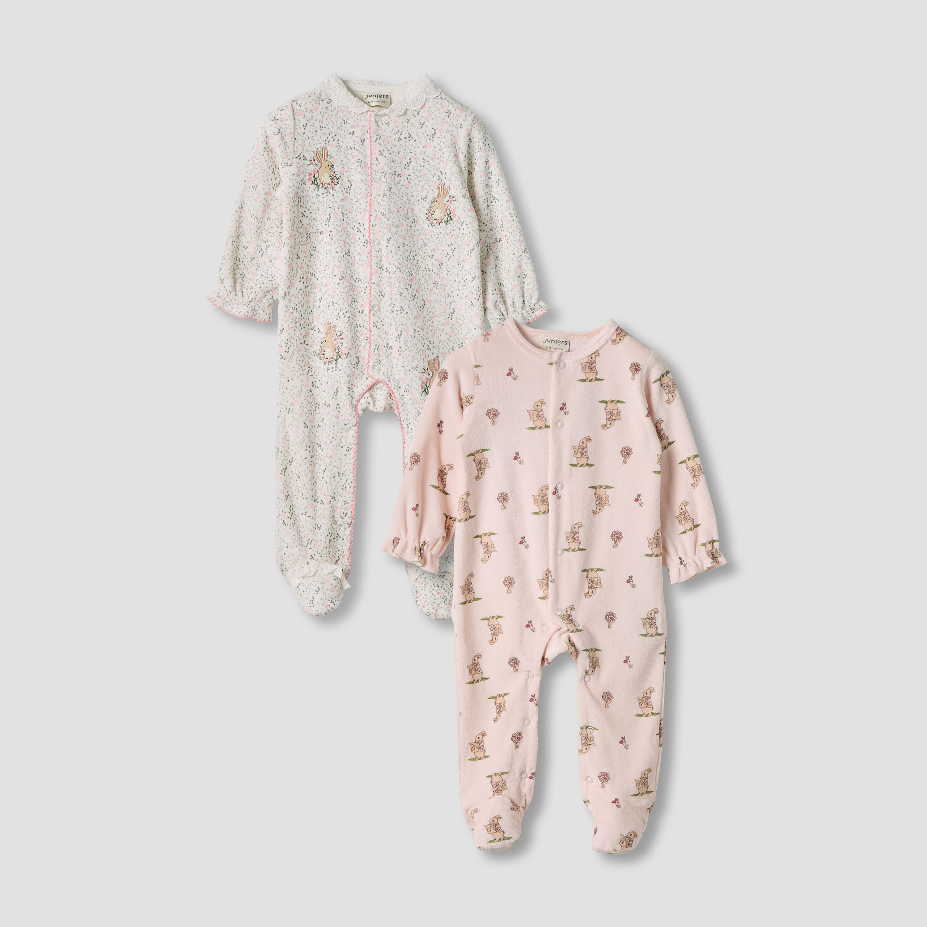 Juniors Bunny Print Velour Closed Feet Sleepsuit with Button Closure - Set of 2-baby-girls-clothing-nightwear-sleepsuits-image-1