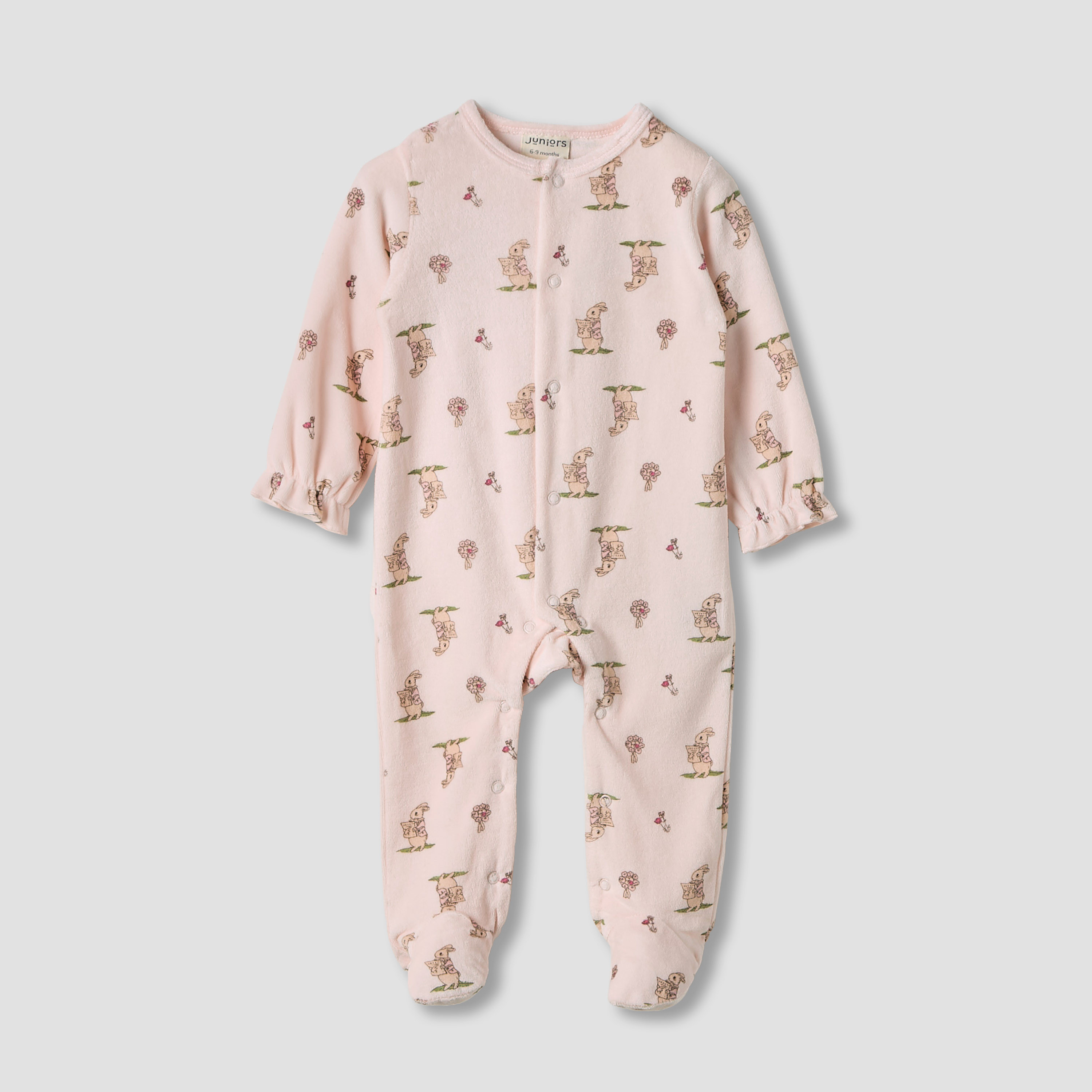 Juniors Bunny Print Velour Closed Feet Sleepsuit with Button Closure - Set of 2-baby-girls-clothing-nightwear-sleepsuits-image-2