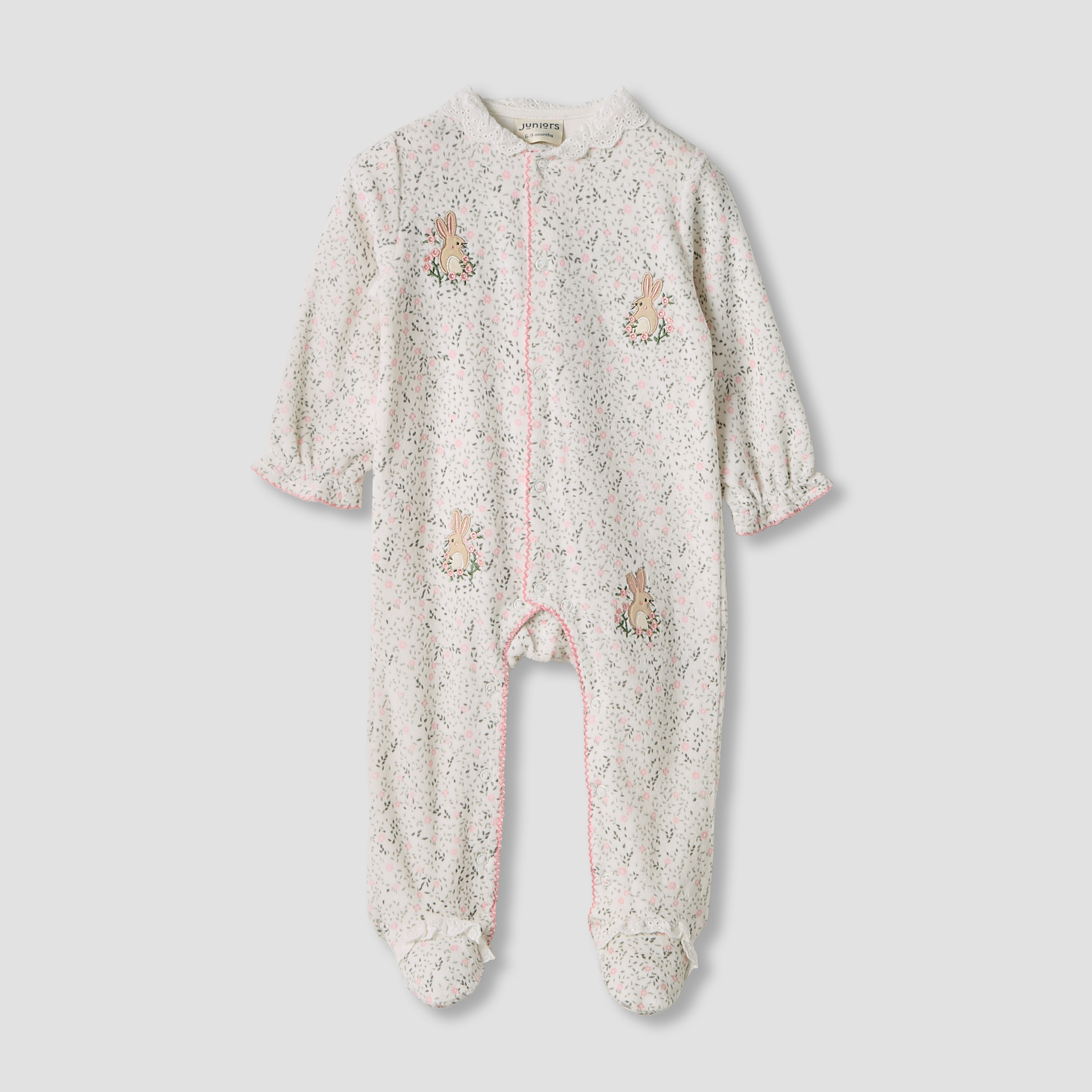 Juniors Bunny Print Velour Closed Feet Sleepsuit with Button Closure - Set of 2-baby-girls-clothing-nightwear-sleepsuits-image-3