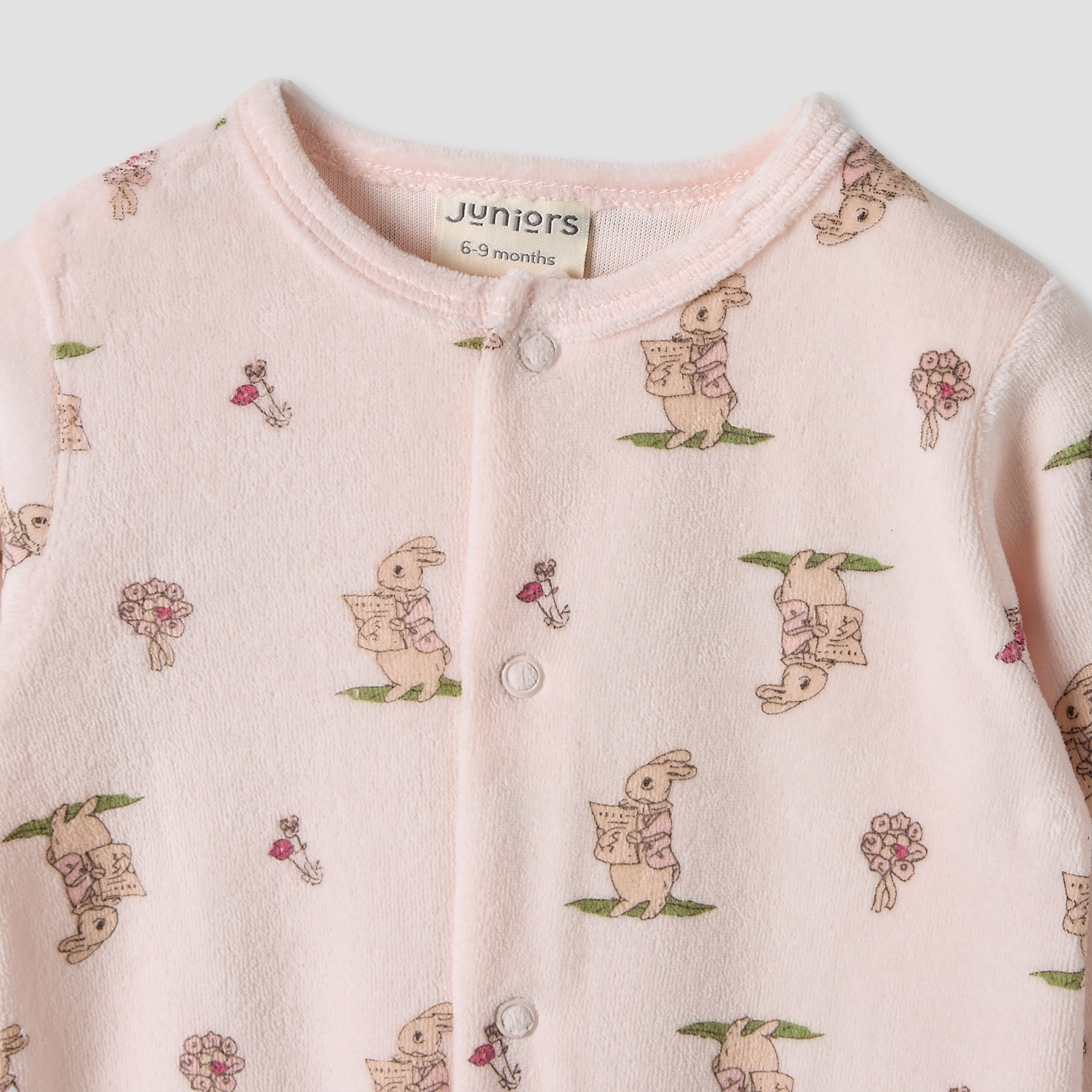 Juniors Bunny Print Velour Closed Feet Sleepsuit with Button Closure - Set of 2-baby-girls-clothing-nightwear-sleepsuits-image-4
