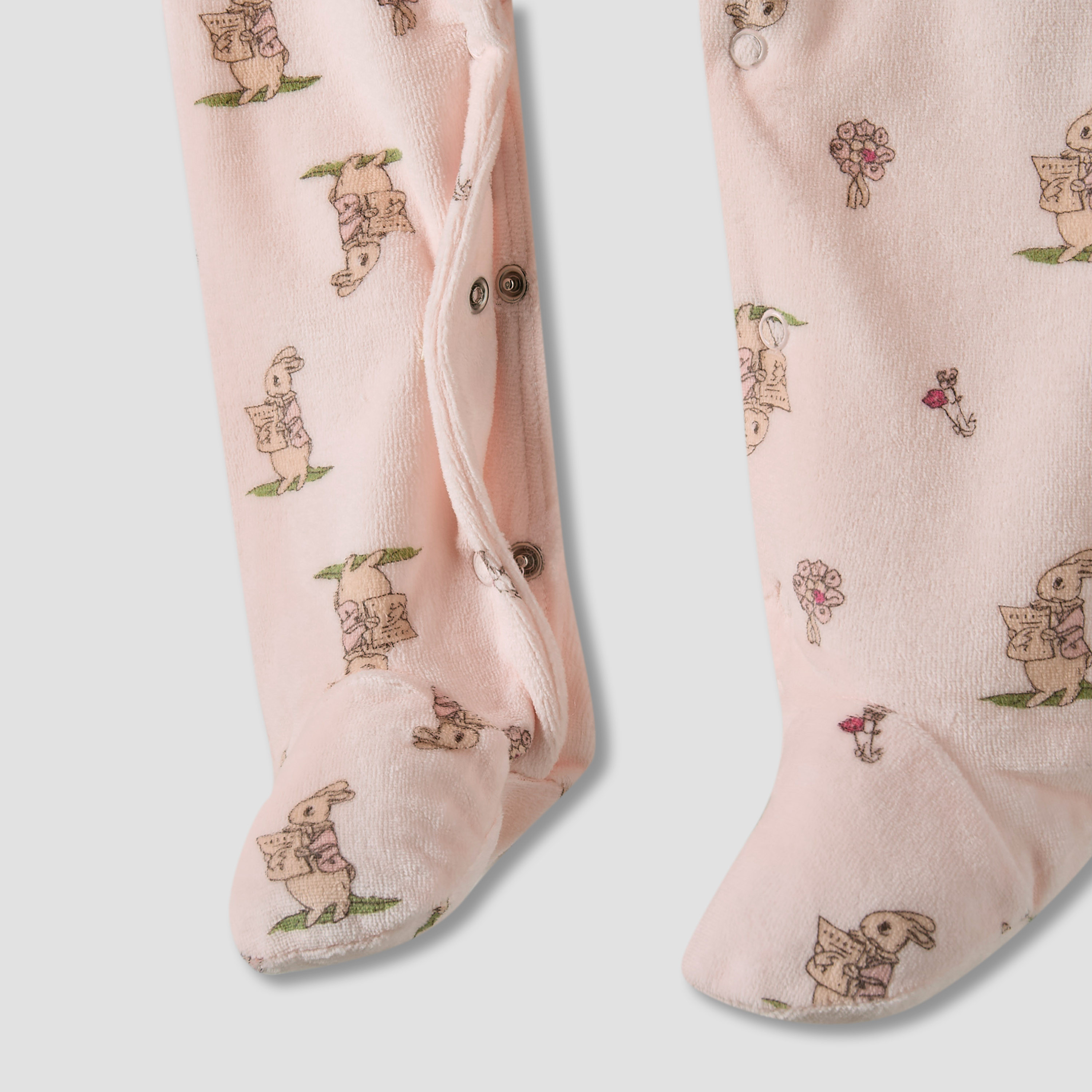 Juniors Bunny Print Velour Closed Feet Sleepsuit with Button Closure - Set of 2-baby-girls-clothing-nightwear-sleepsuits-image-5