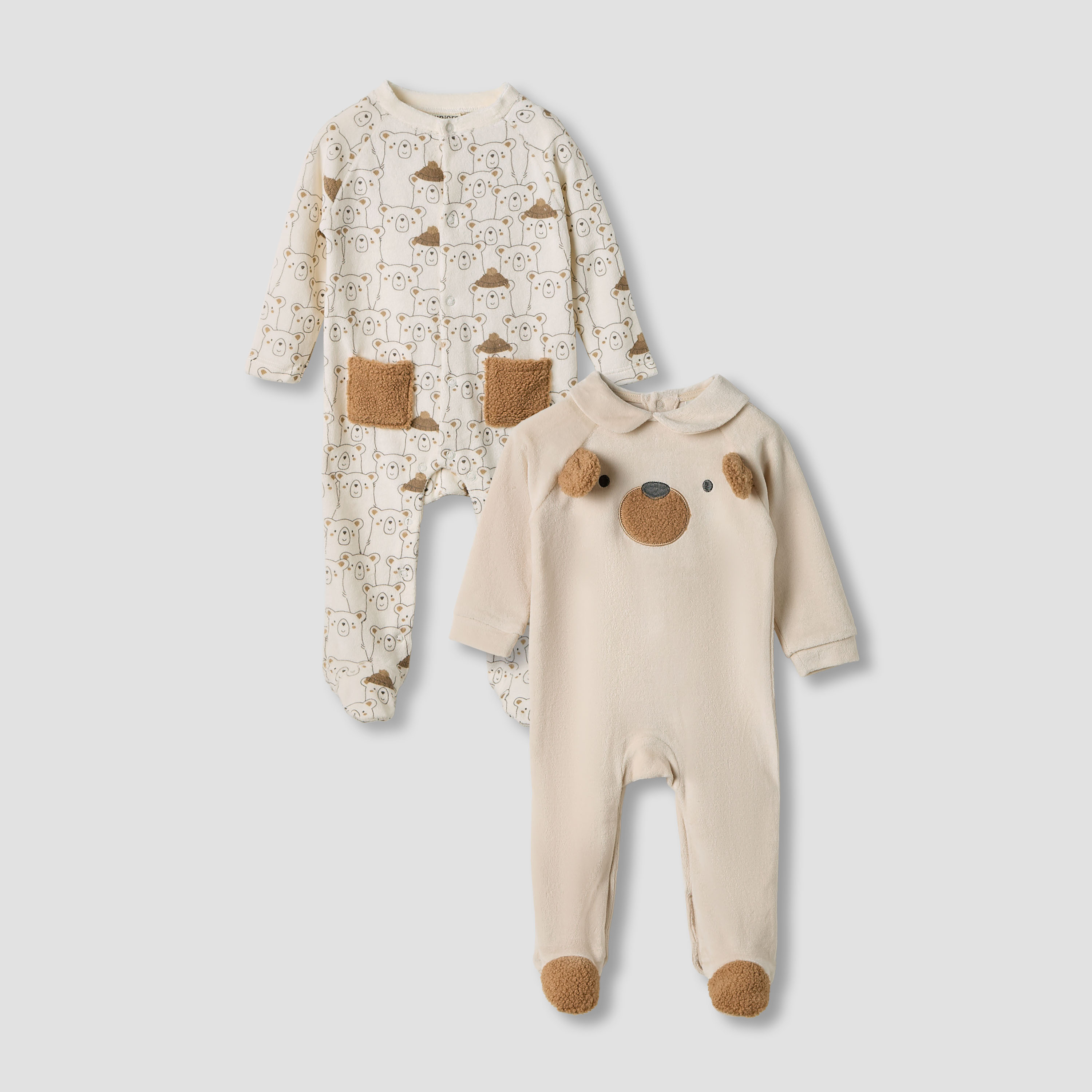 Juniors Bear Print Velour Closed Feet Sleepsuit with Button Closure - Set of 2-baby-boys-clothing-nightwear-sleepsuits-image-1