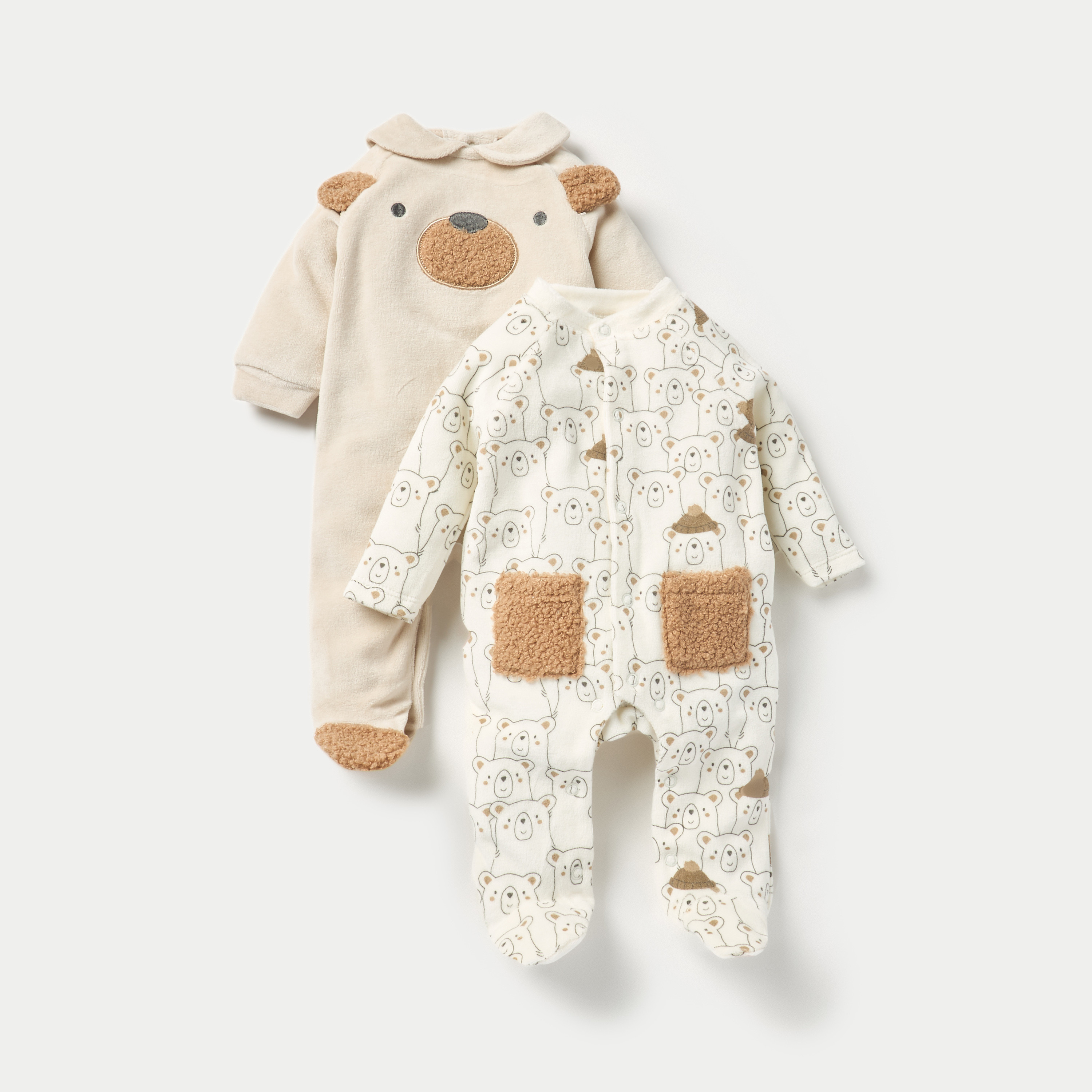 Juniors Bear Print Velour Closed Feet Sleepsuit with Button Closure - Set of 2-baby-boys-clothing-winterwear-sleepsuits-image-1