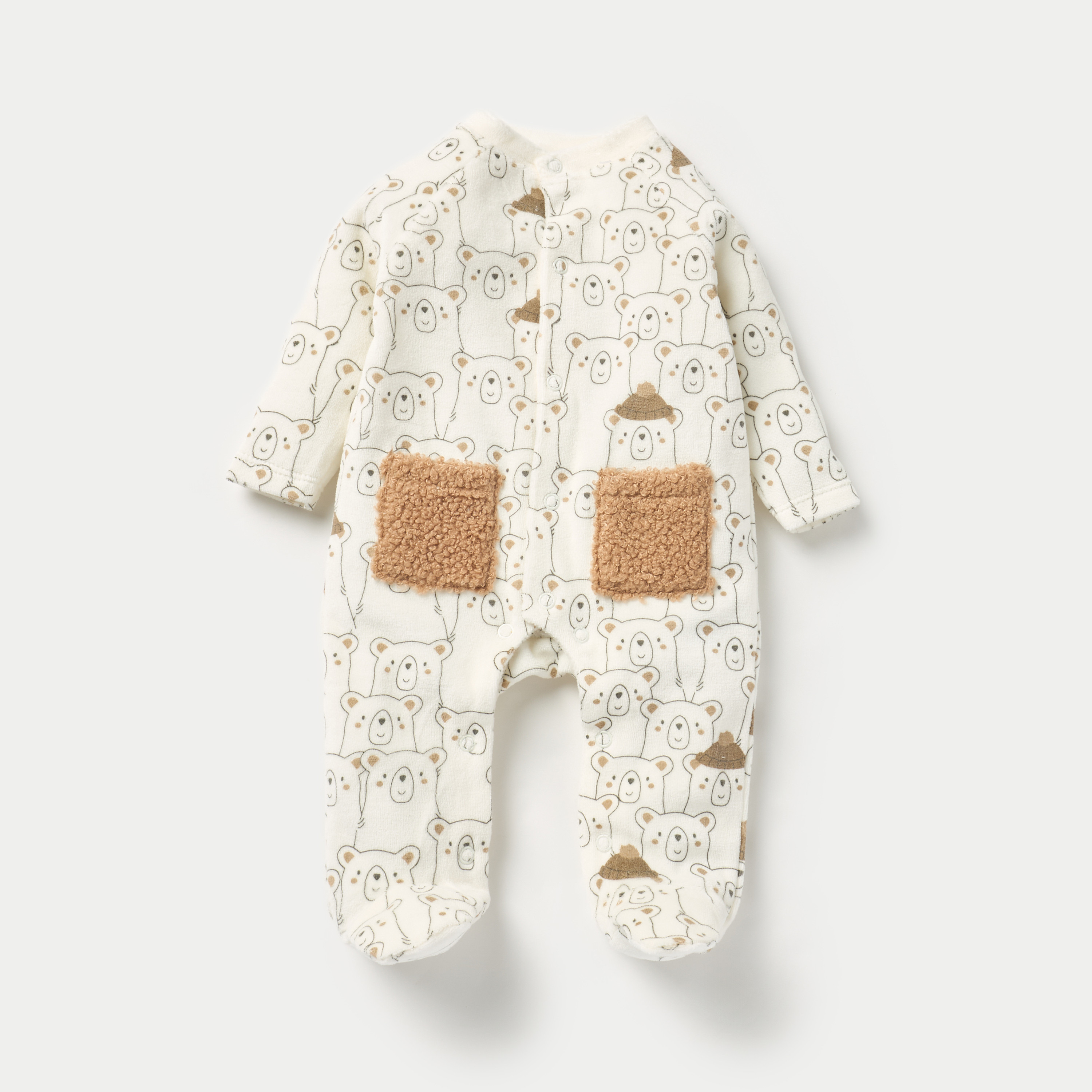 Juniors Bear Print Velour Closed Feet Sleepsuit with Button Closure - Set of 2-baby-boys-clothing-winterwear-sleepsuits-image-2