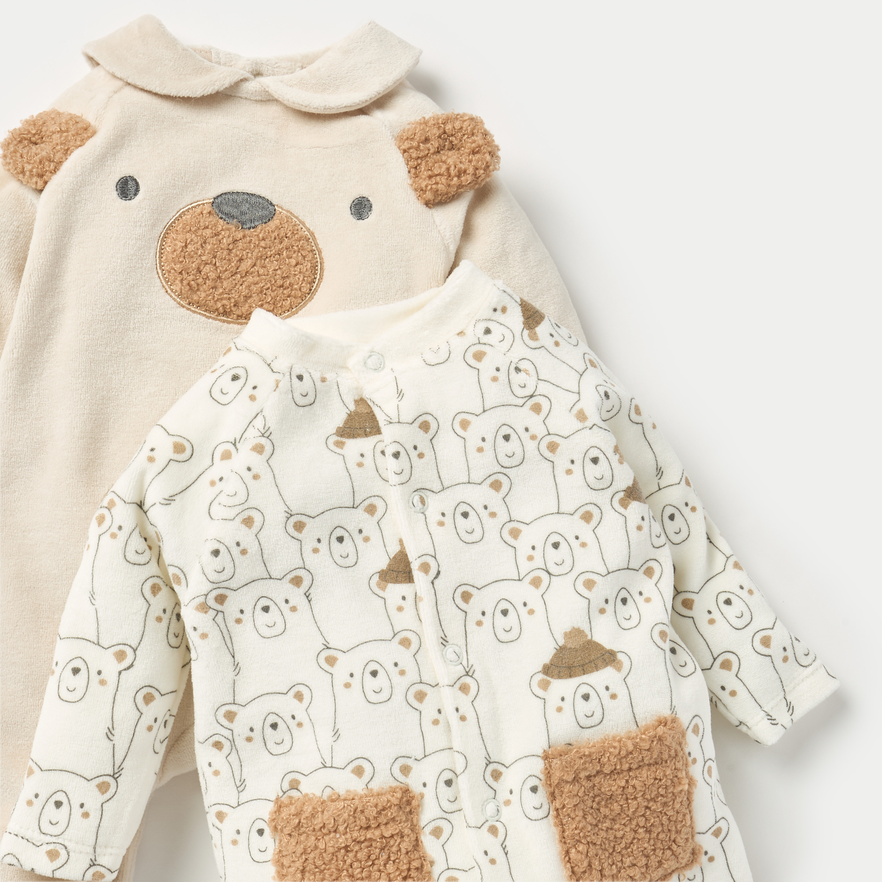 Juniors Bear Print Velour Closed Feet Sleepsuit with Button Closure - Set of 2-baby-boys-clothing-winterwear-sleepsuits-image-4