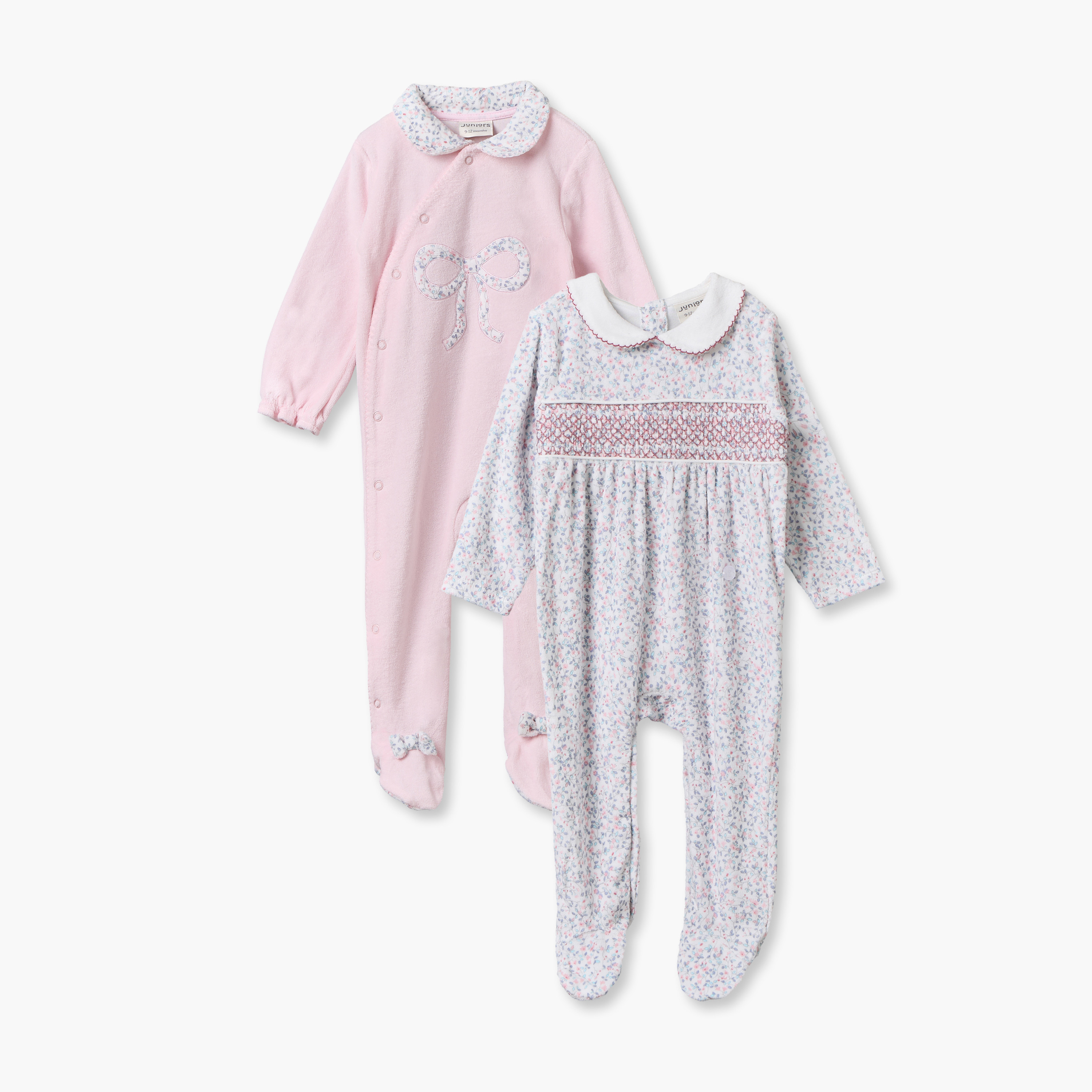 Pack of 2 Juniors Cotton Peter Pan Collar Long Sleeves Velour Sleepsuit with Snap Button Closure-baby-girls-clothing-nightwear-sleepsuits-image-1
