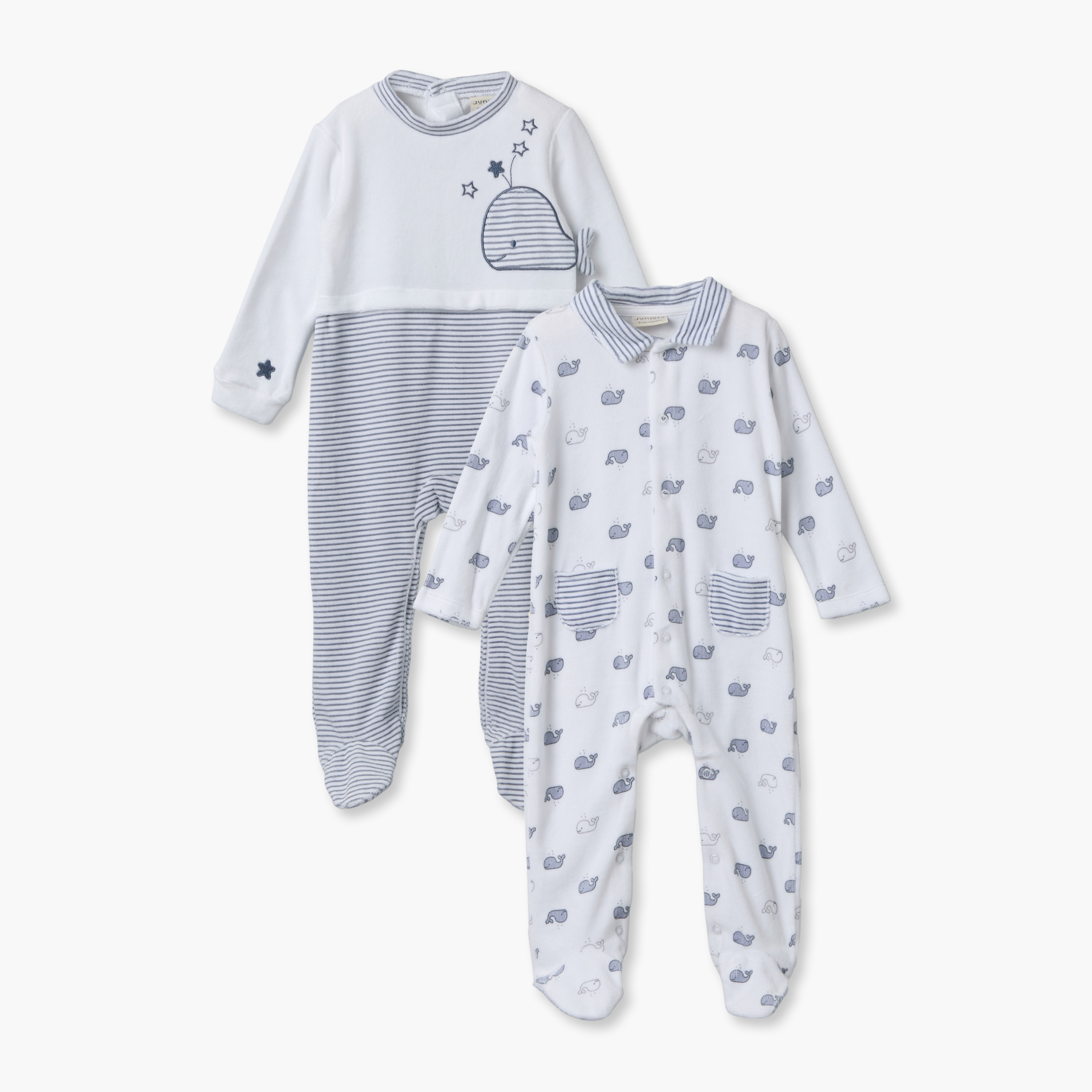 طقم بدلة نوم قطيفة بياقة ضيقة وأكمام طويلة وطبعات حوت من جونيورز - قطعتين-baby-boys-clothing-nightwear-sleepsuits-image-1