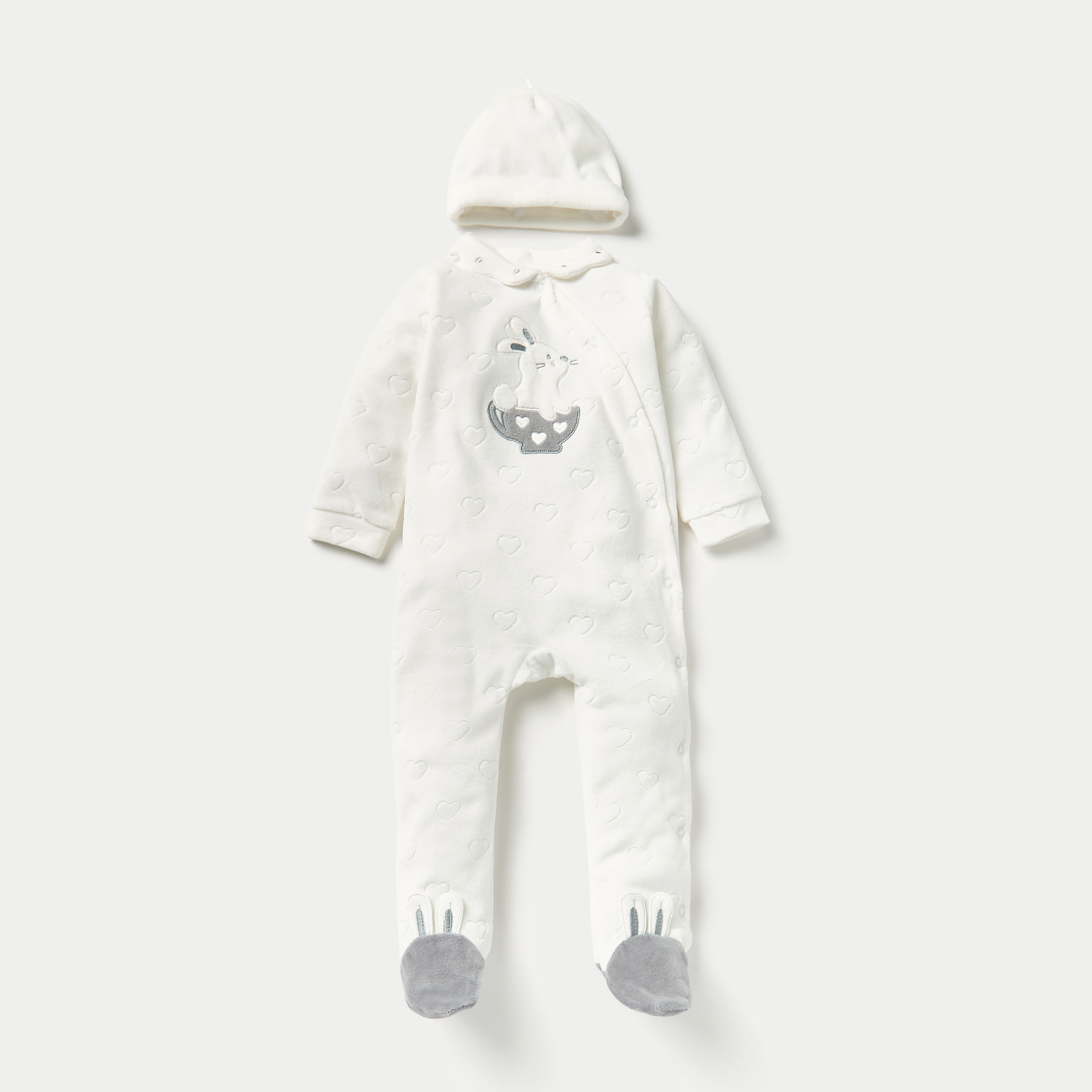 Juniors Heart Embossed Velour Closed Feet Sleepsuit with Cap-baby-girls-clothing-nightwear-sleepsuits-image-1