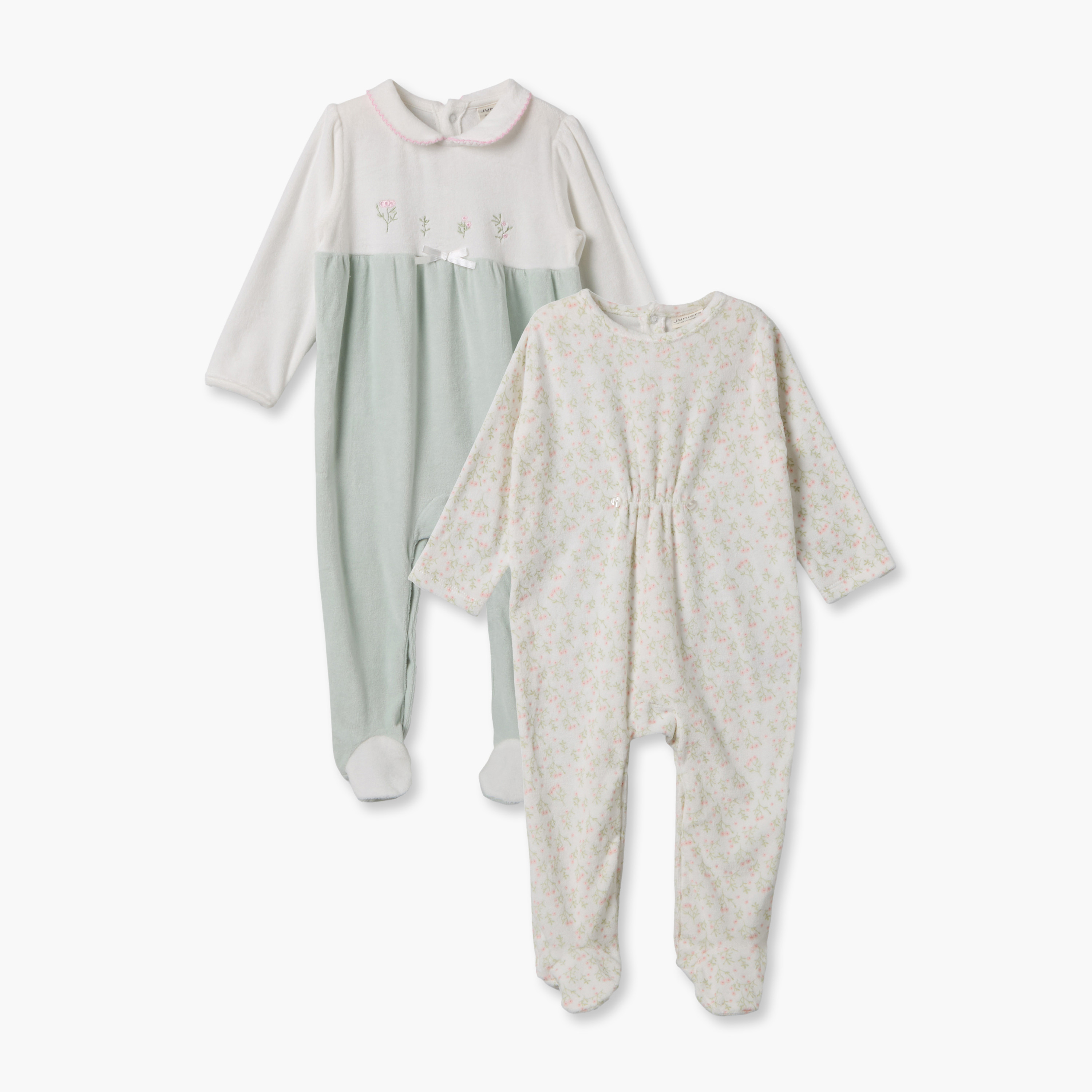 طقم بدلات نوم قطيفة بياقة ضيقة وأكمام طويلة بطبعات زهرية من جونيورز - قطعتين-baby-girls-clothing-nightwear-sleepsuits-image-1