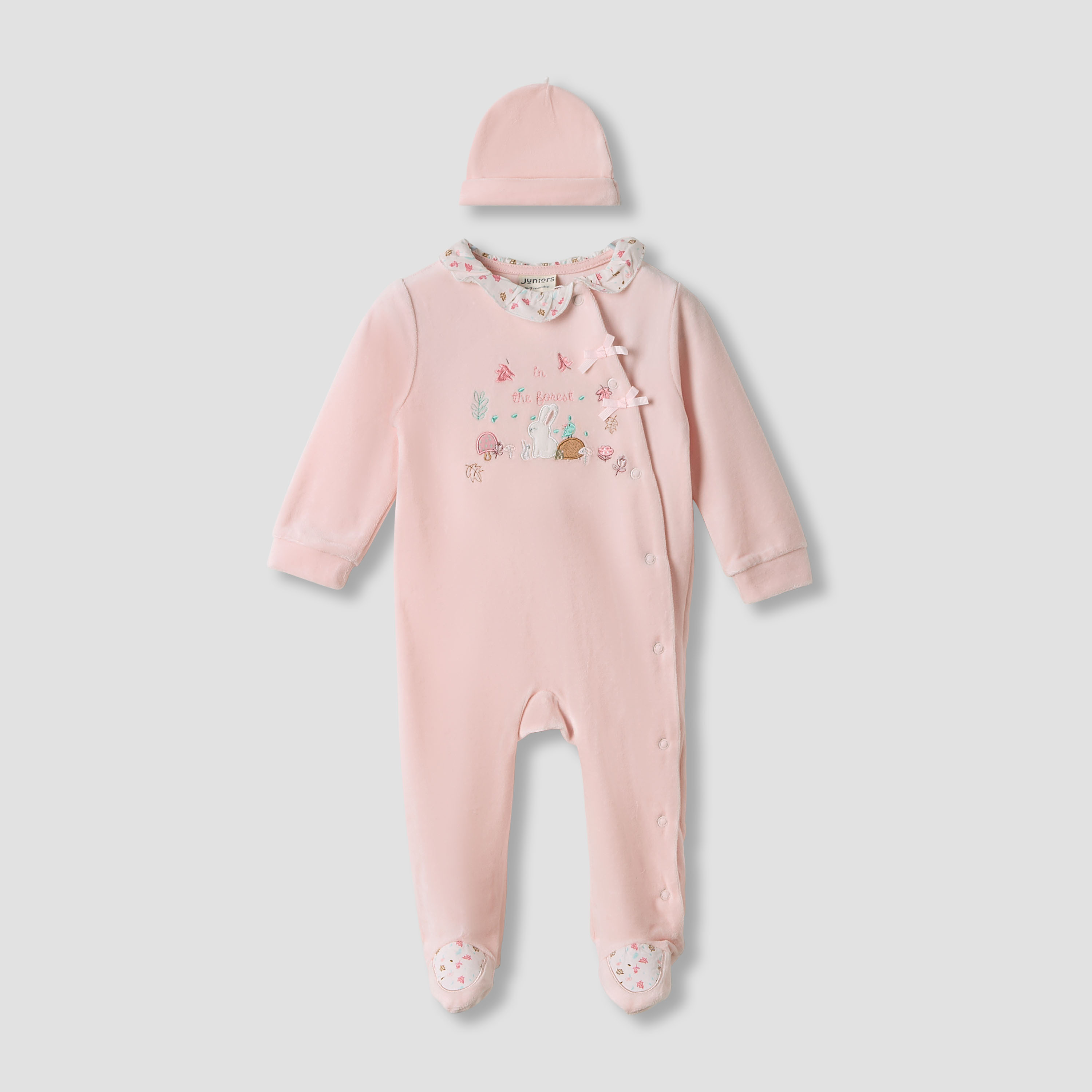Juniors Embroidered Velour Closed Feet Sleepsuit with Cap-baby-girls-clothing-nightwear-sleepsuits-image-1