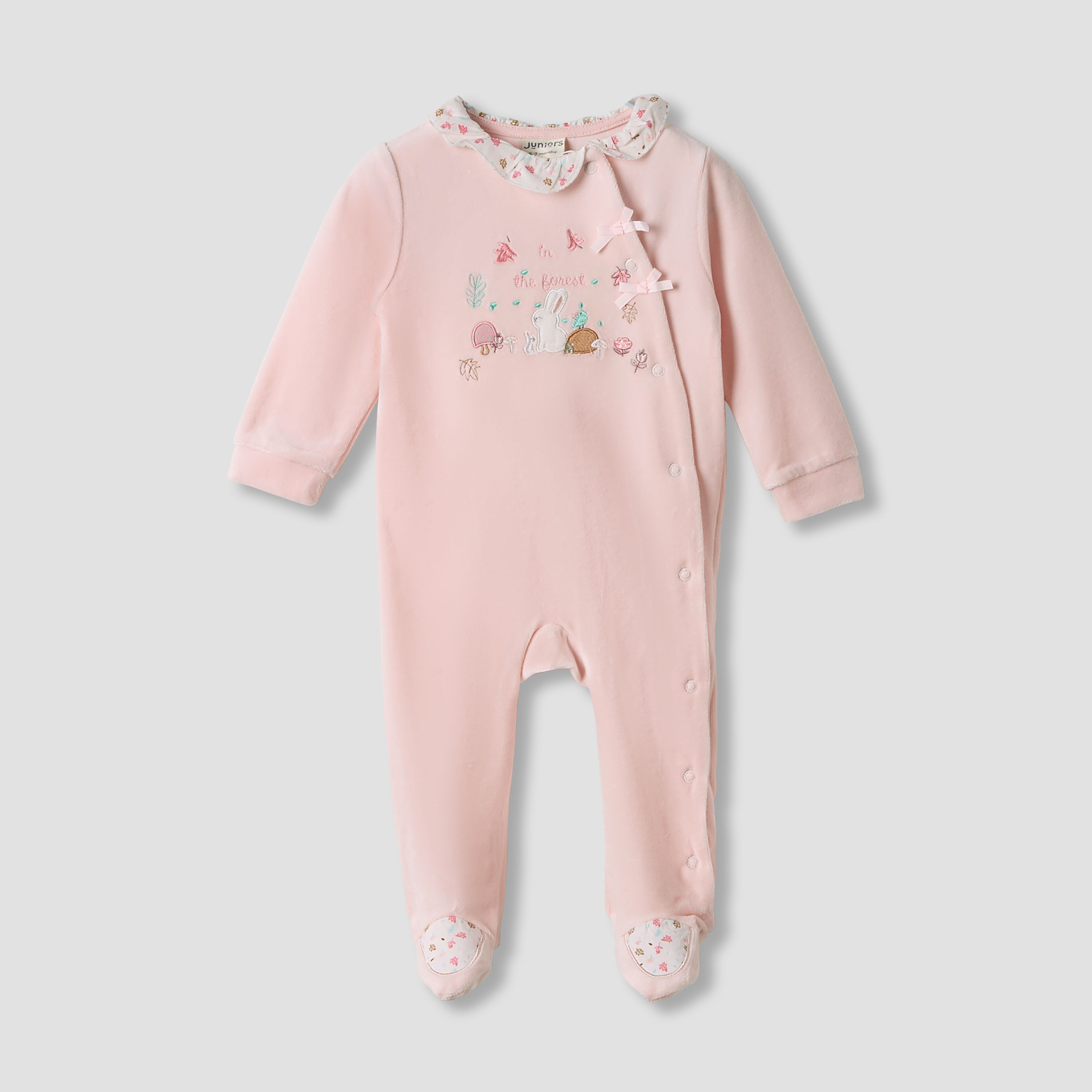 Juniors Embroidered Velour Closed Feet Sleepsuit with Cap-baby-girls-clothing-nightwear-sleepsuits-image-2