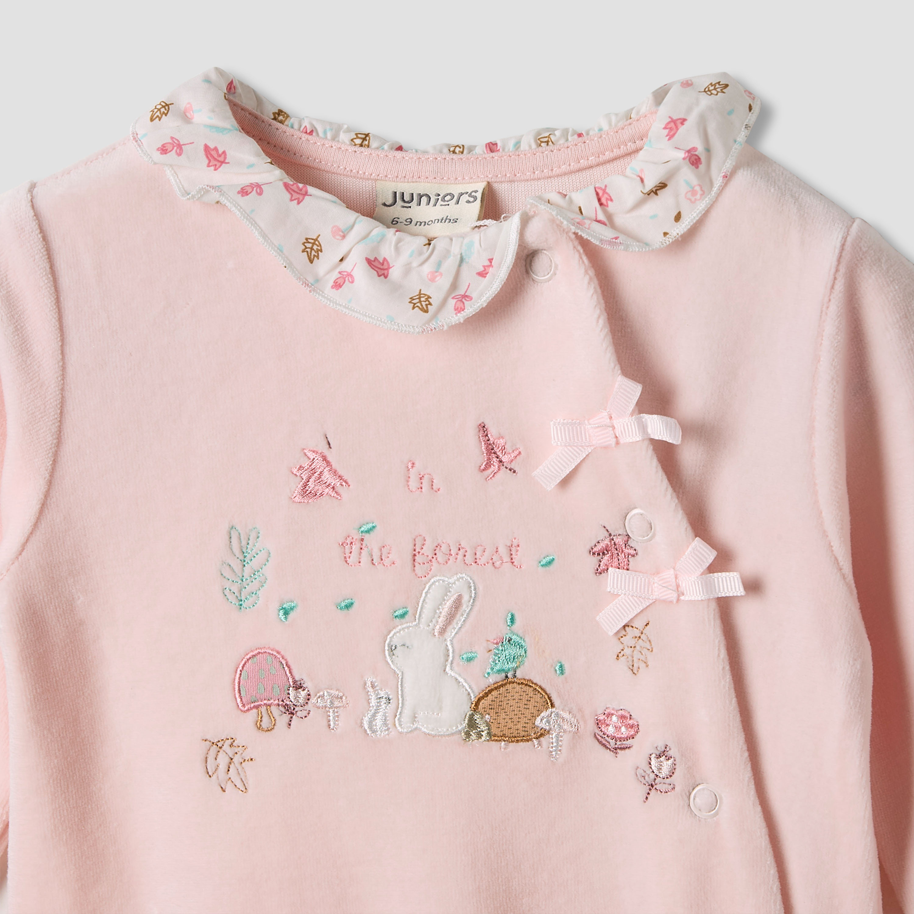 Juniors Embroidered Velour Closed Feet Sleepsuit with Cap-baby-girls-clothing-nightwear-sleepsuits-image-4