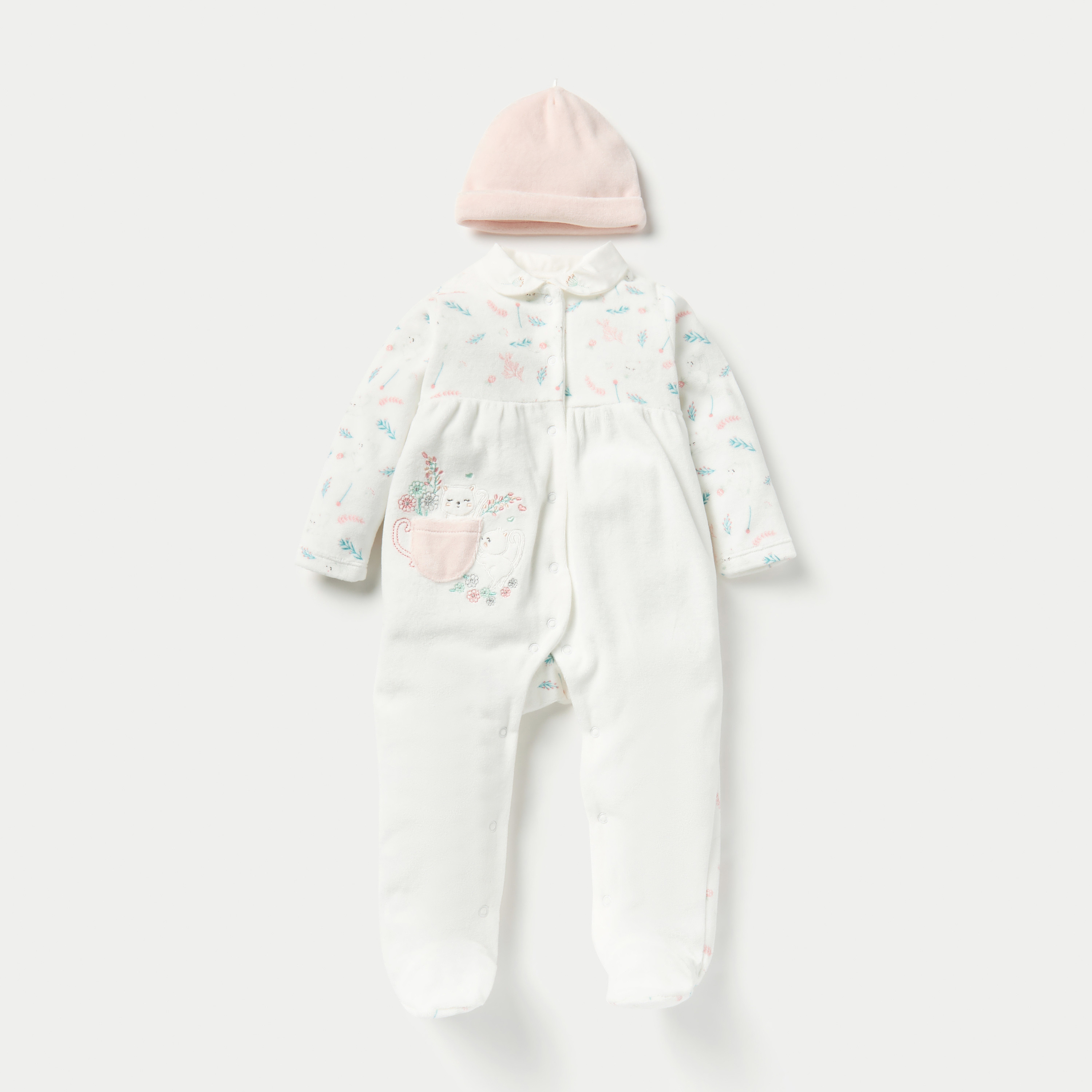 Juniors Printed Velour Closed Feet Sleepsuit with Cap-bsclothing-babygirls-nightwear-sleepsuits-image-1