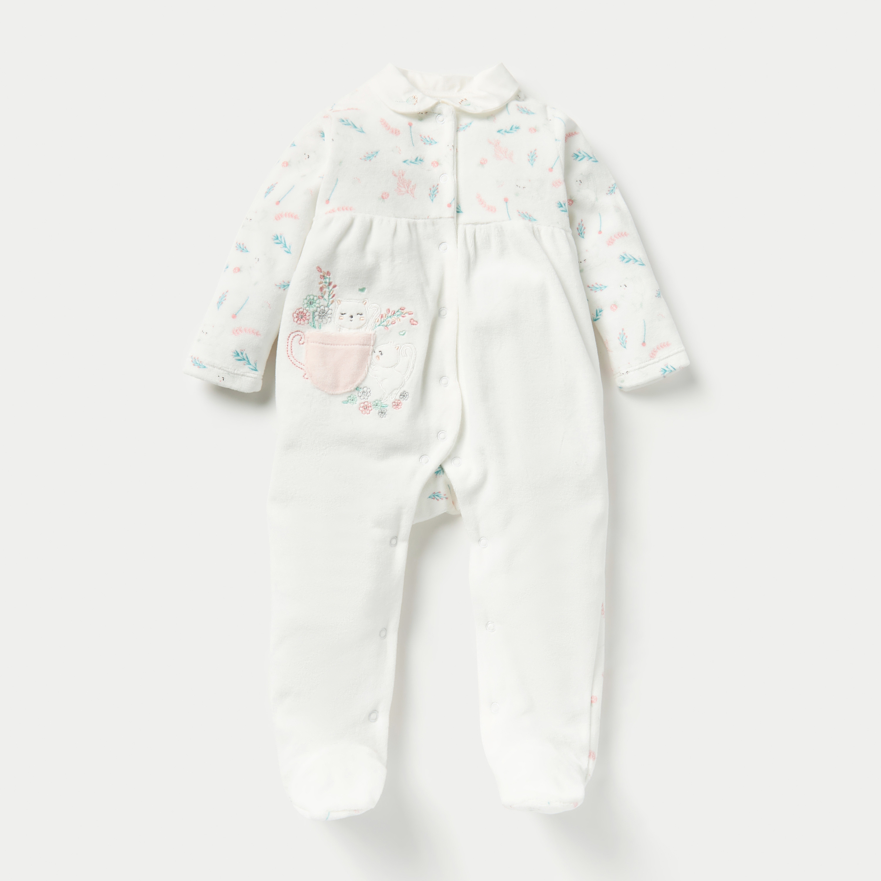 Juniors Printed Velour Closed Feet Sleepsuit with Cap-bsclothing-babygirls-nightwear-sleepsuits-image-2